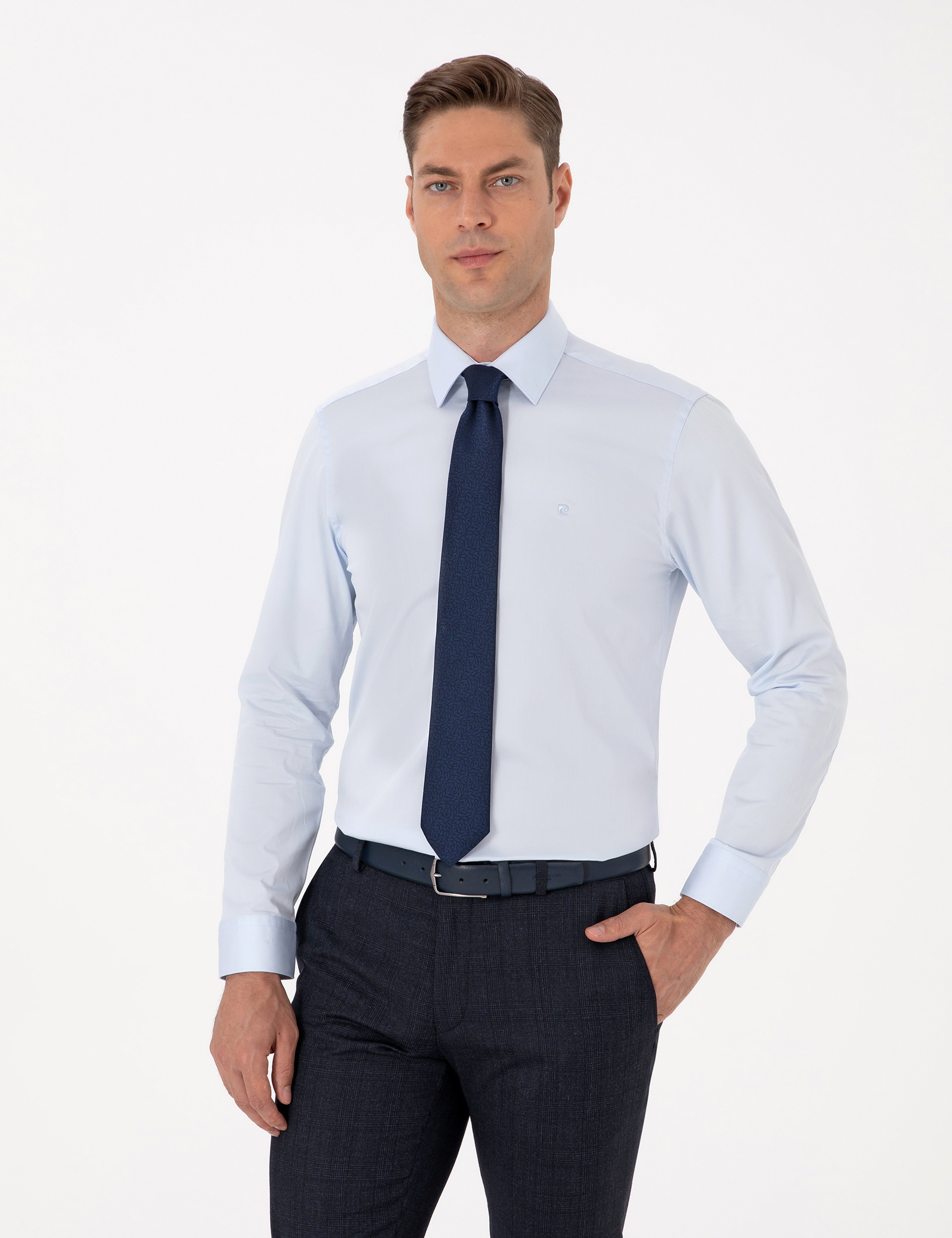 Açık Mavi %100 Pamuk Parlak Saten Slim Fit Uzun Kollu Basic Gömlek