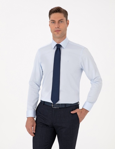 Açık Mavi %100 Pamuk Parlak Saten Slim Fit Uzun Kollu Basic Gömlek