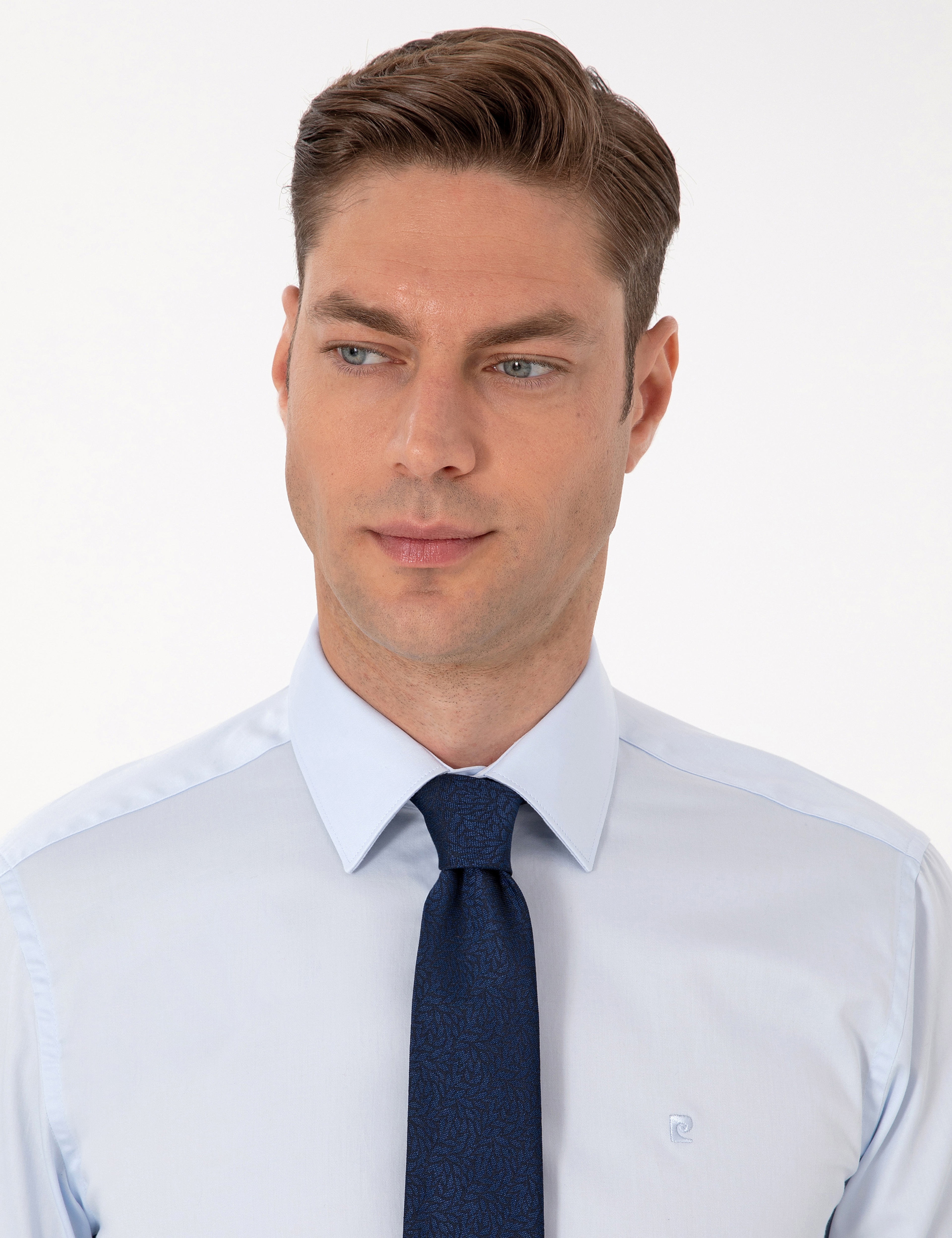 Açık Mavi %100 Pamuk Parlak Saten Slim Fit Uzun Kollu Basic Gömlek - Image 2