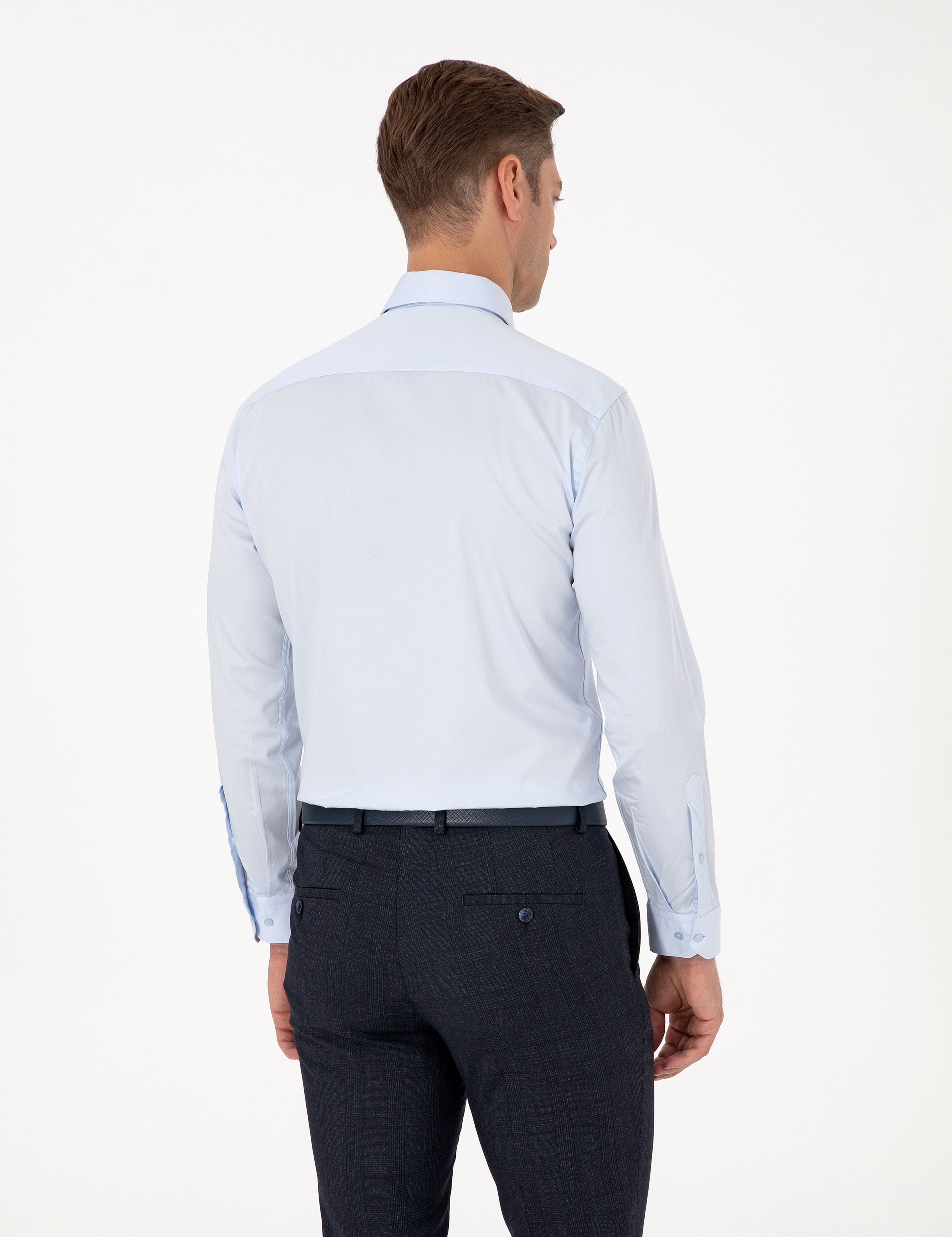 Açık Mavi %100 Pamuk Parlak Saten Slim Fit Uzun Kollu Basic Gömlek - Image 5