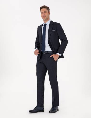 Lacivert Slim Fit Yün Karışımlı Ekose Takım Elbise