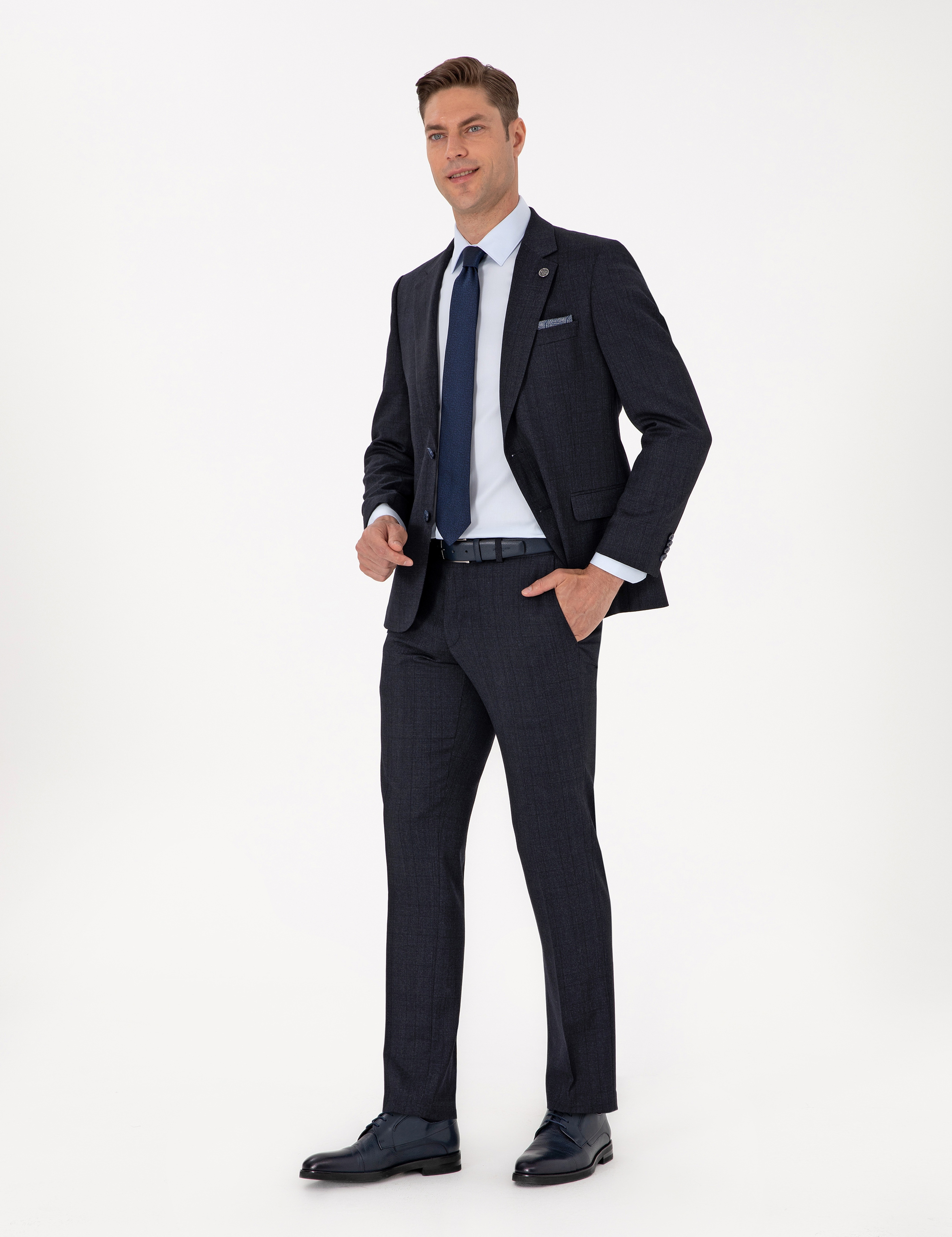 Lacivert Slim Fit Yün Karışımlı Ekose Takım Elbise - Image 4