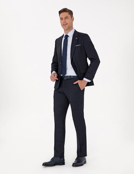 Lacivert Slim Fit Yün Karışımlı Ekose Takım Elbise - 50311523020