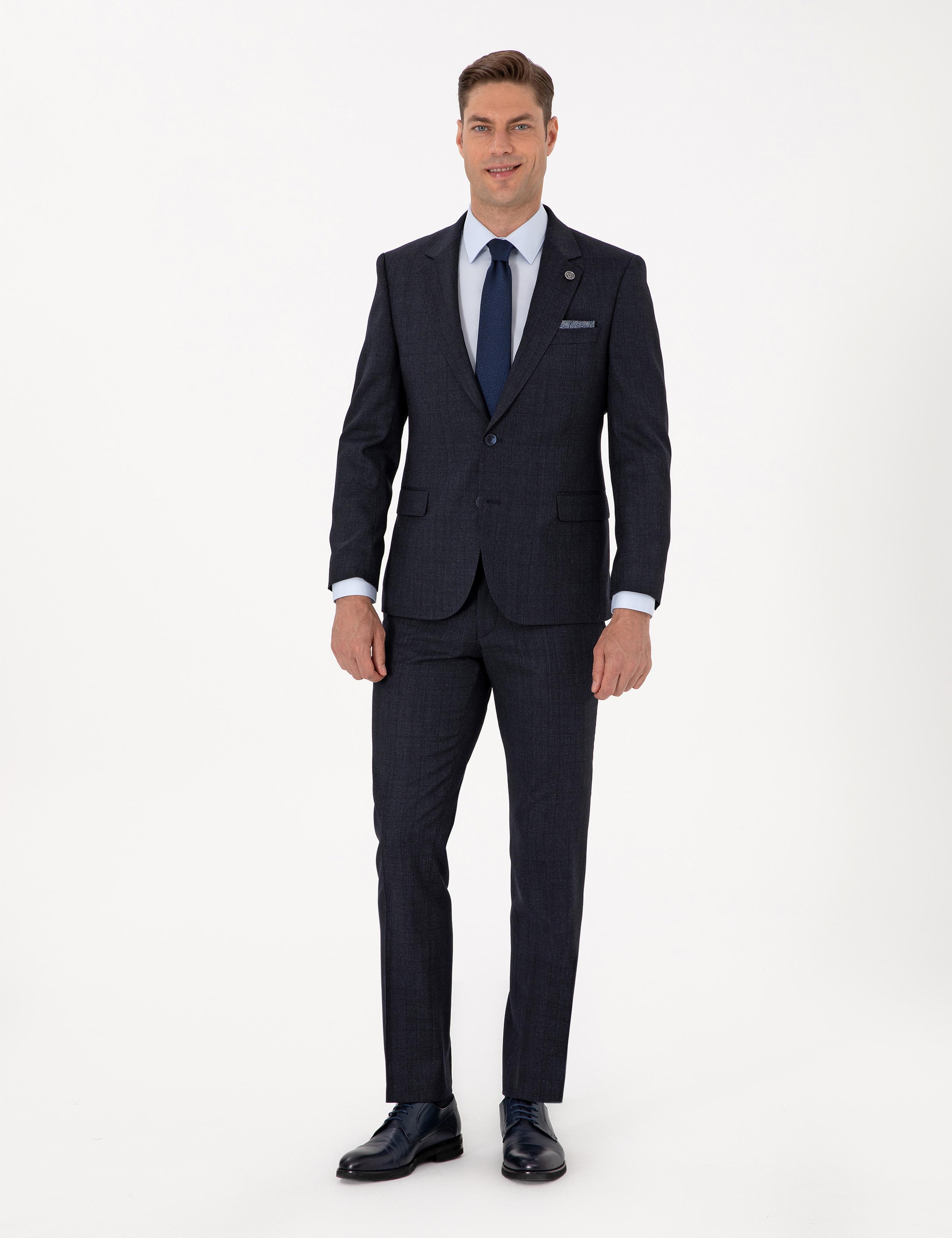 Lacivert Slim Fit Yün Karışımlı Ekose Takım Elbise