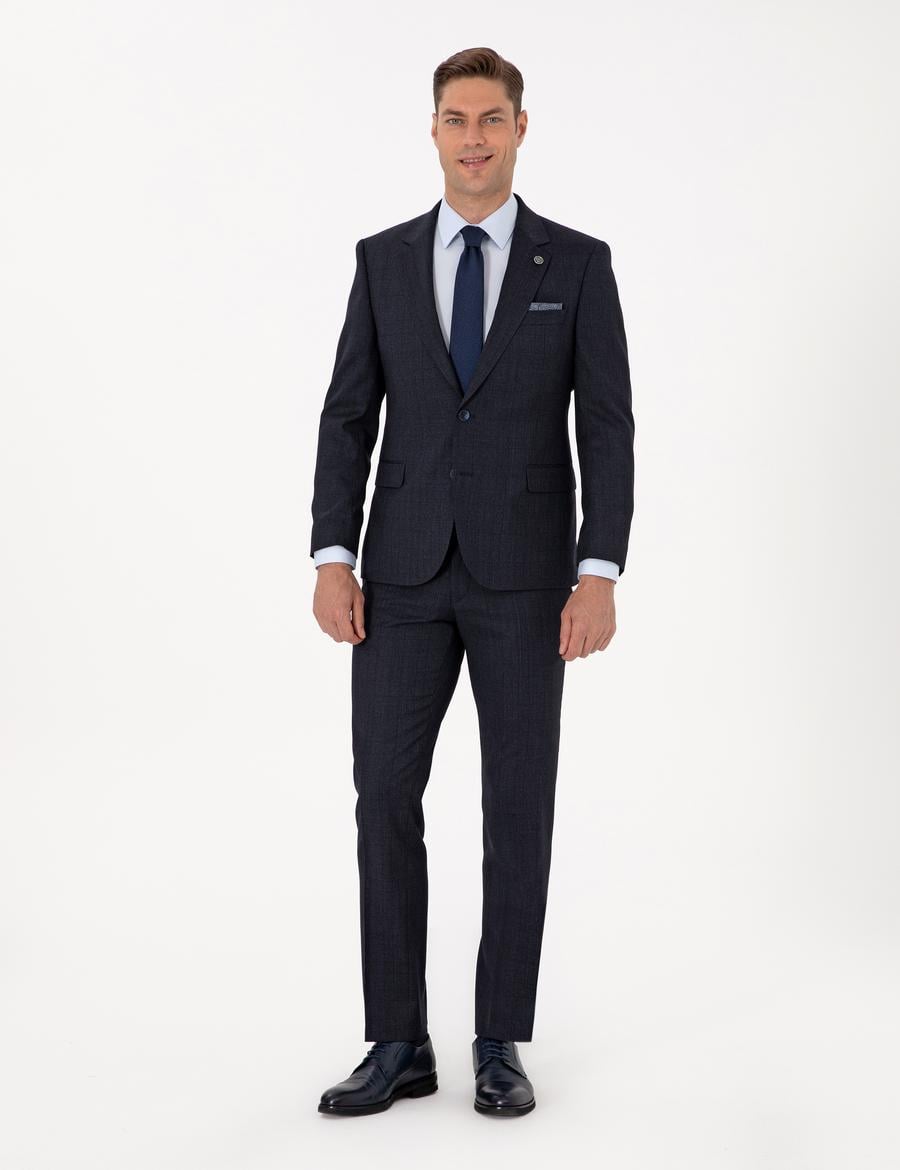 Lacivert Slim Fit Yün Karışımlı Ekose Takım Elbise