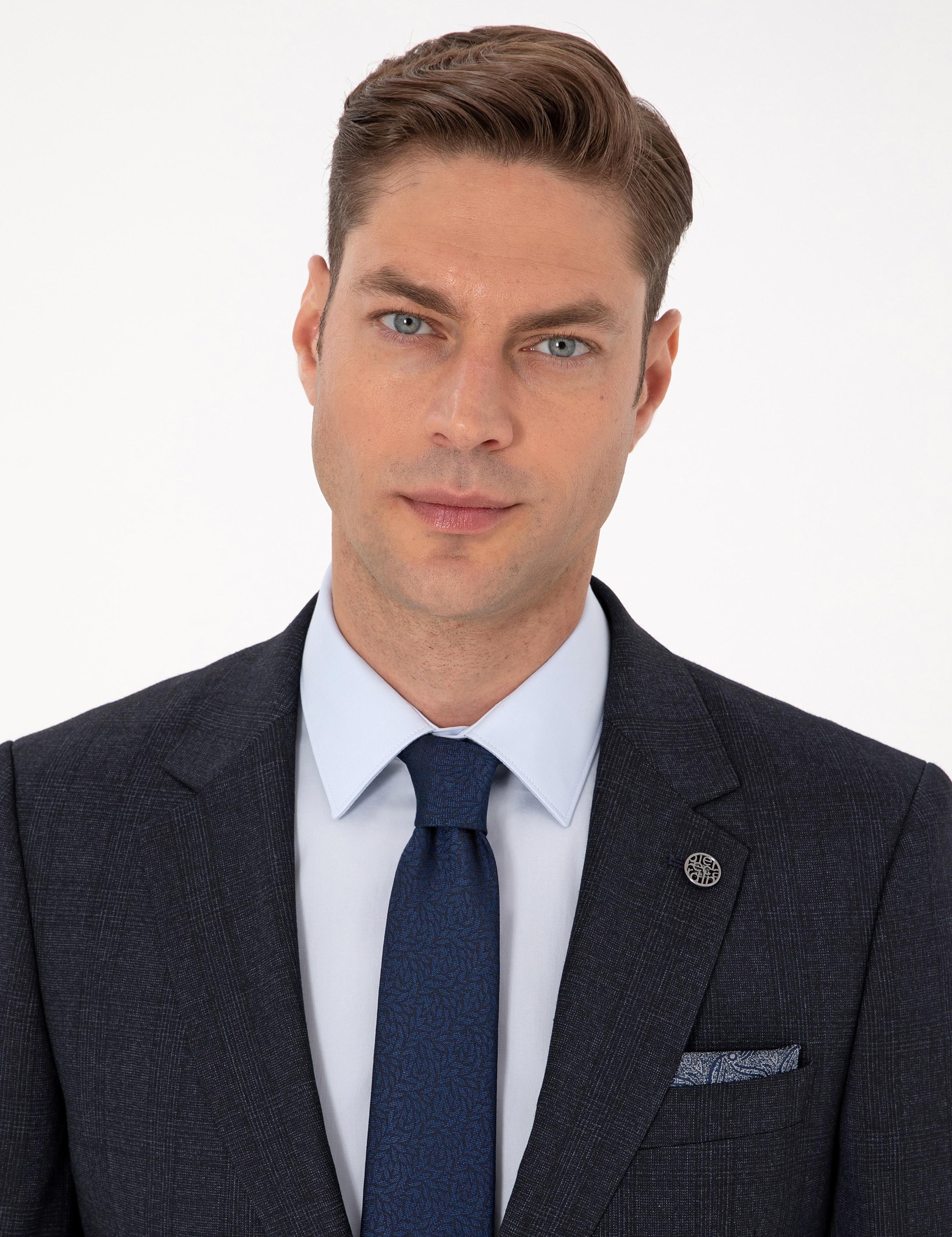 Lacivert Slim Fit Yün Karışımlı Ekose Takım Elbise