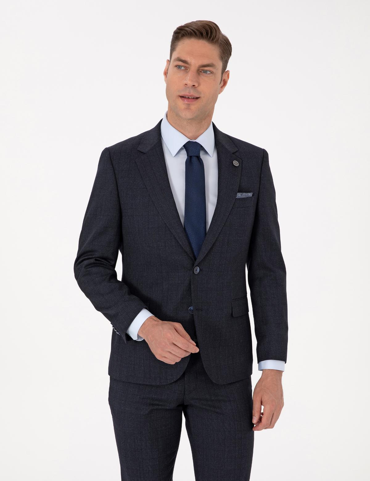 Lacivert Slim Fit Yün Karışımlı Ekose Takım Elbise - 50311523020