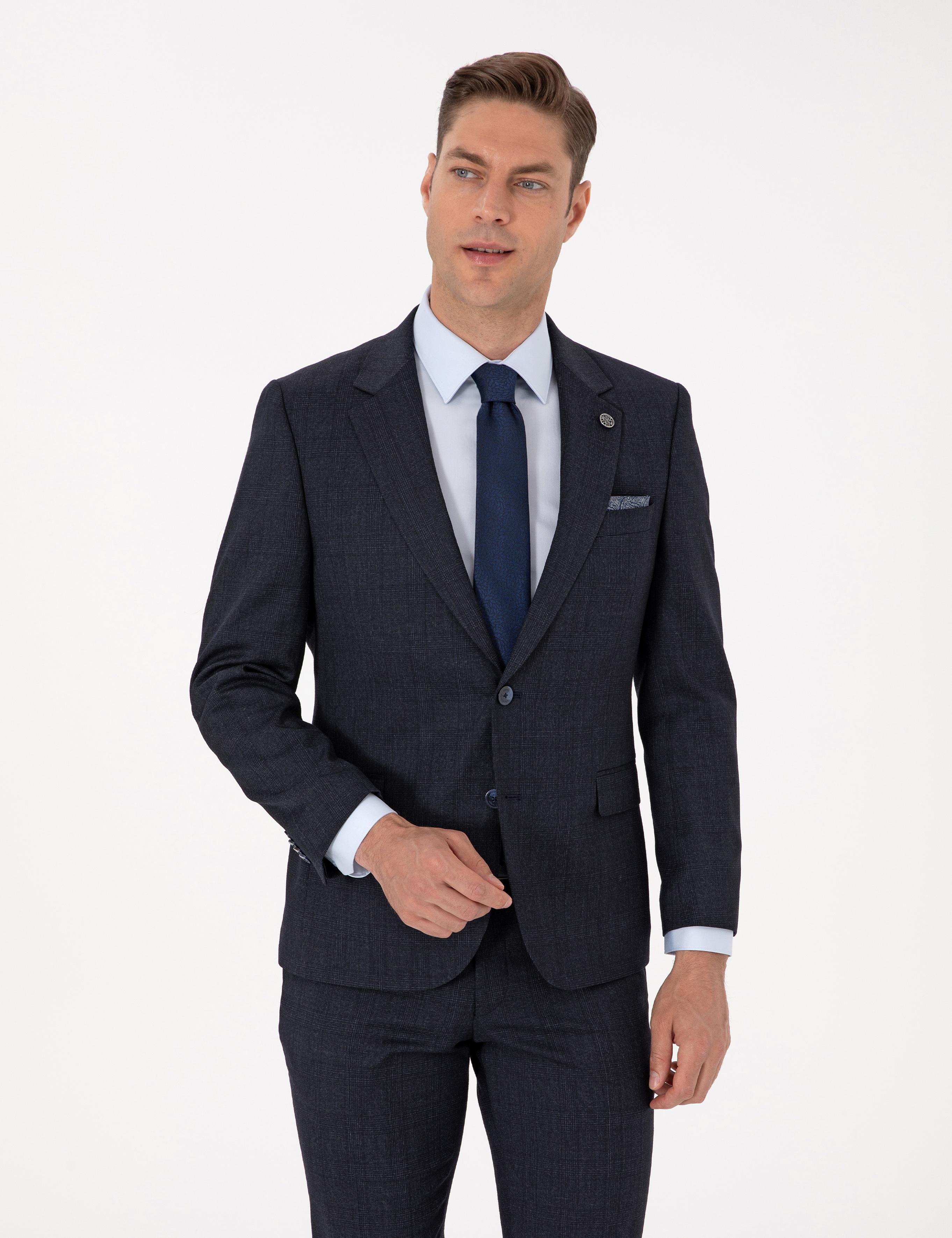 Lacivert Slim Fit Yün Karışımlı Ekose Takım Elbise