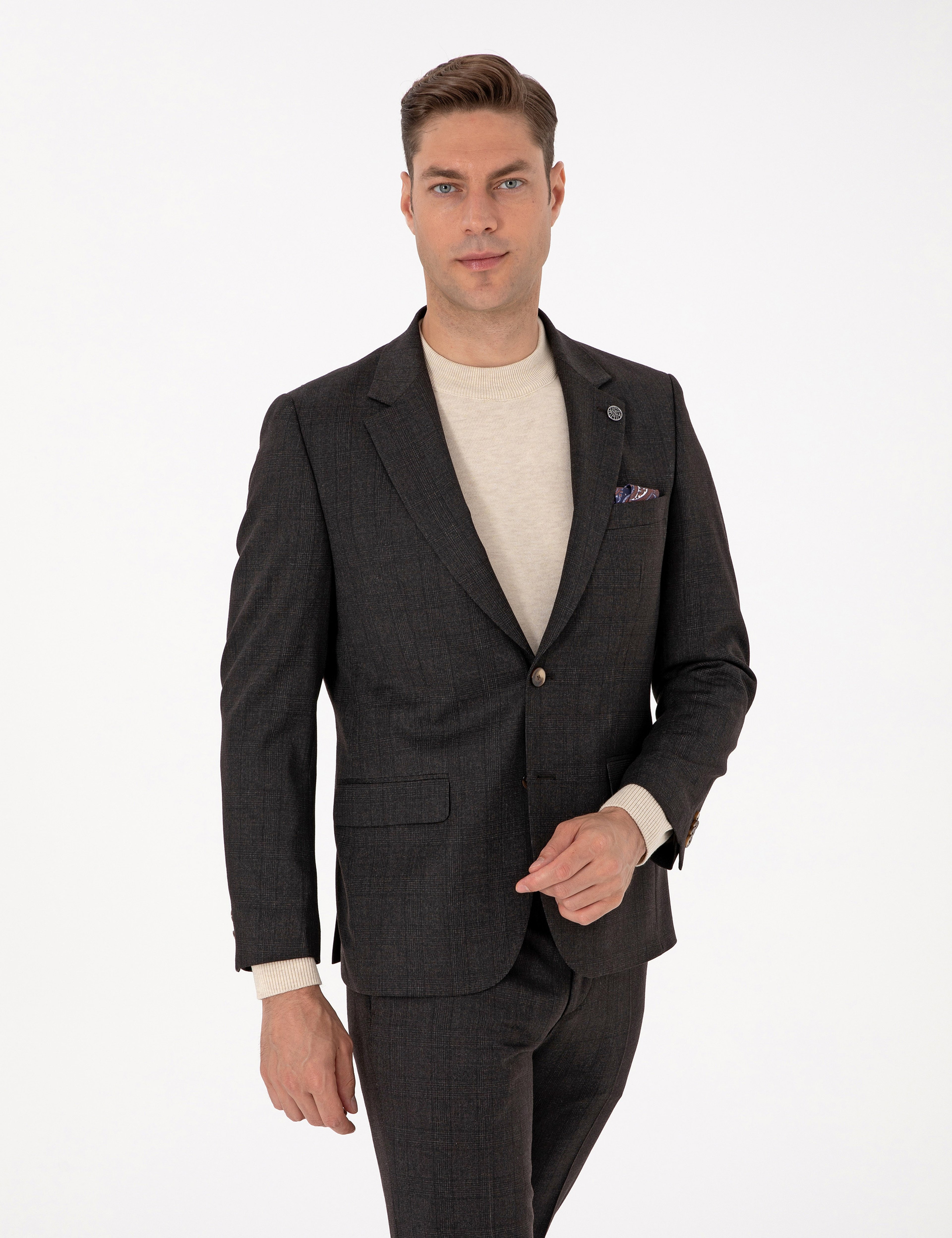 Kahverengi Slim Fit Yün Karışımlı Ekose Takım Elbise - Image 3