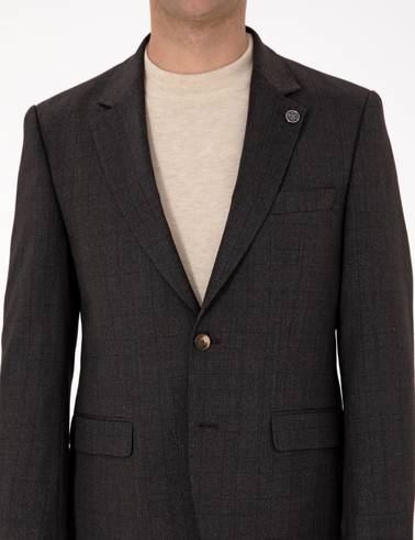 Kahverengi Slim Fit Yün Karışımlı Ekose Takım Elbise