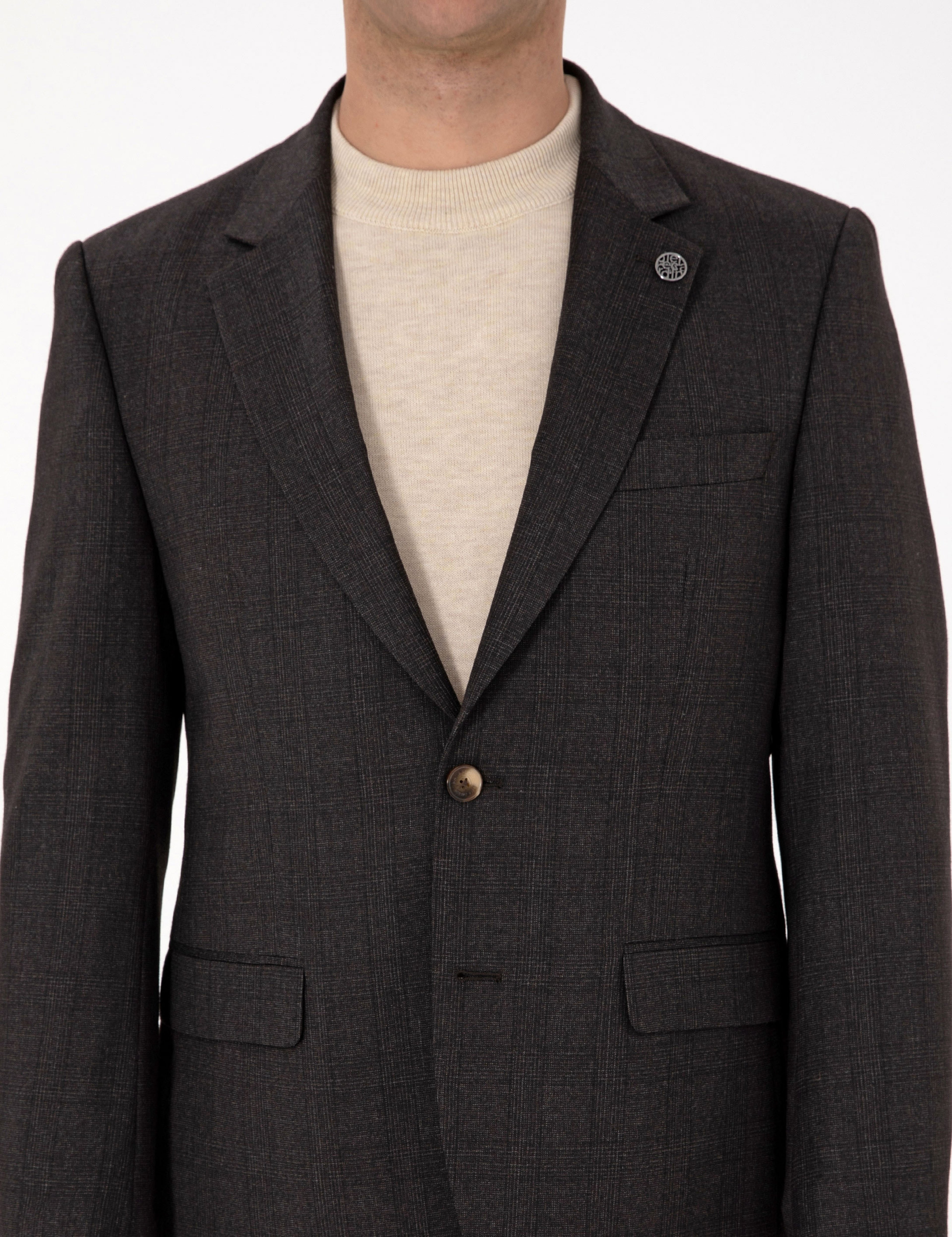 Kahverengi Slim Fit Yün Karışımlı Ekose Takım Elbise - Image 7