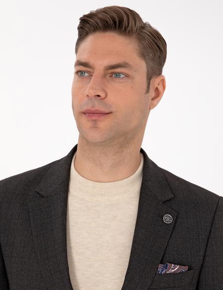 Kahverengi Slim Fit Yün Karışımlı Ekose Takım Elbise - 50311523047