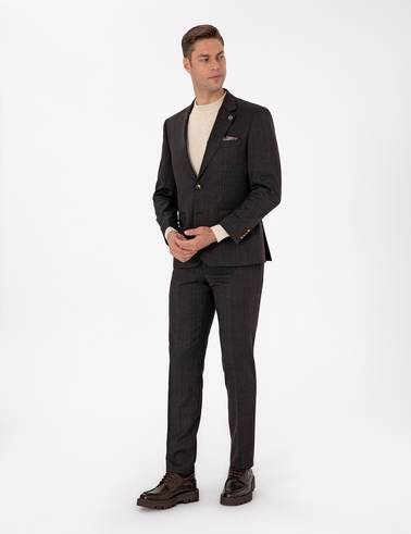 Kahverengi Slim Fit Yün Karışımlı Ekose Takım Elbise