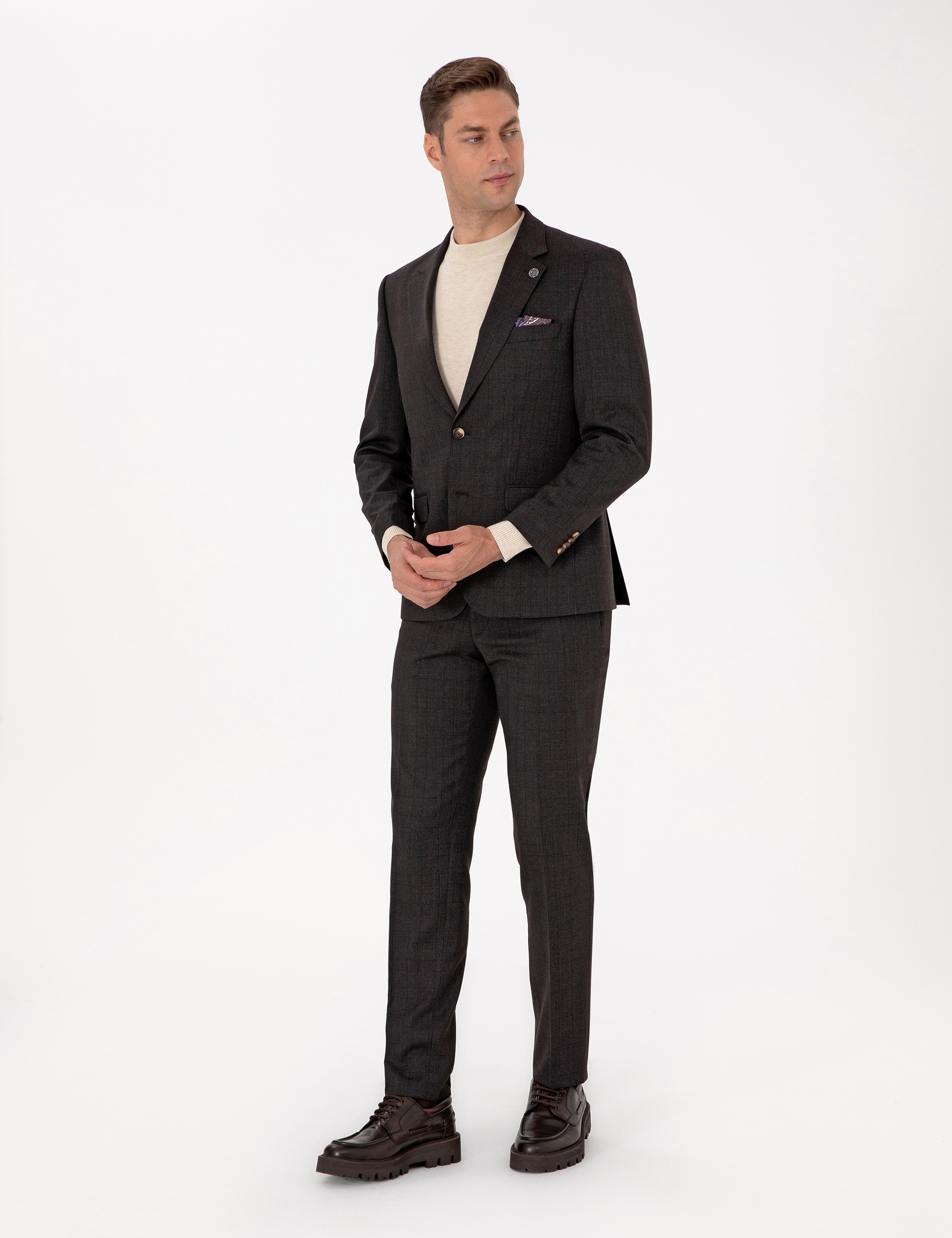 Kahverengi Slim Fit Yün Karışımlı Ekose Takım Elbise - Image 4