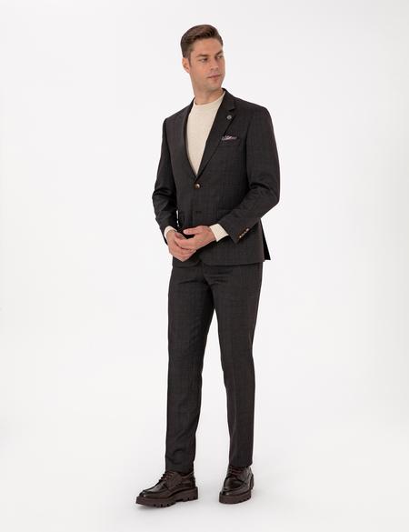 Kahverengi Slim Fit Yün Karışımlı Ekose Takım Elbise - 50311523047
