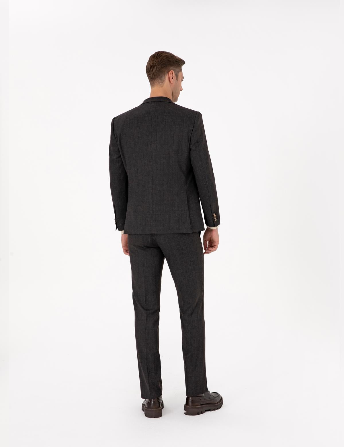 Kahverengi Slim Fit Yün Karışımlı Ekose Takım Elbise - 50311523047