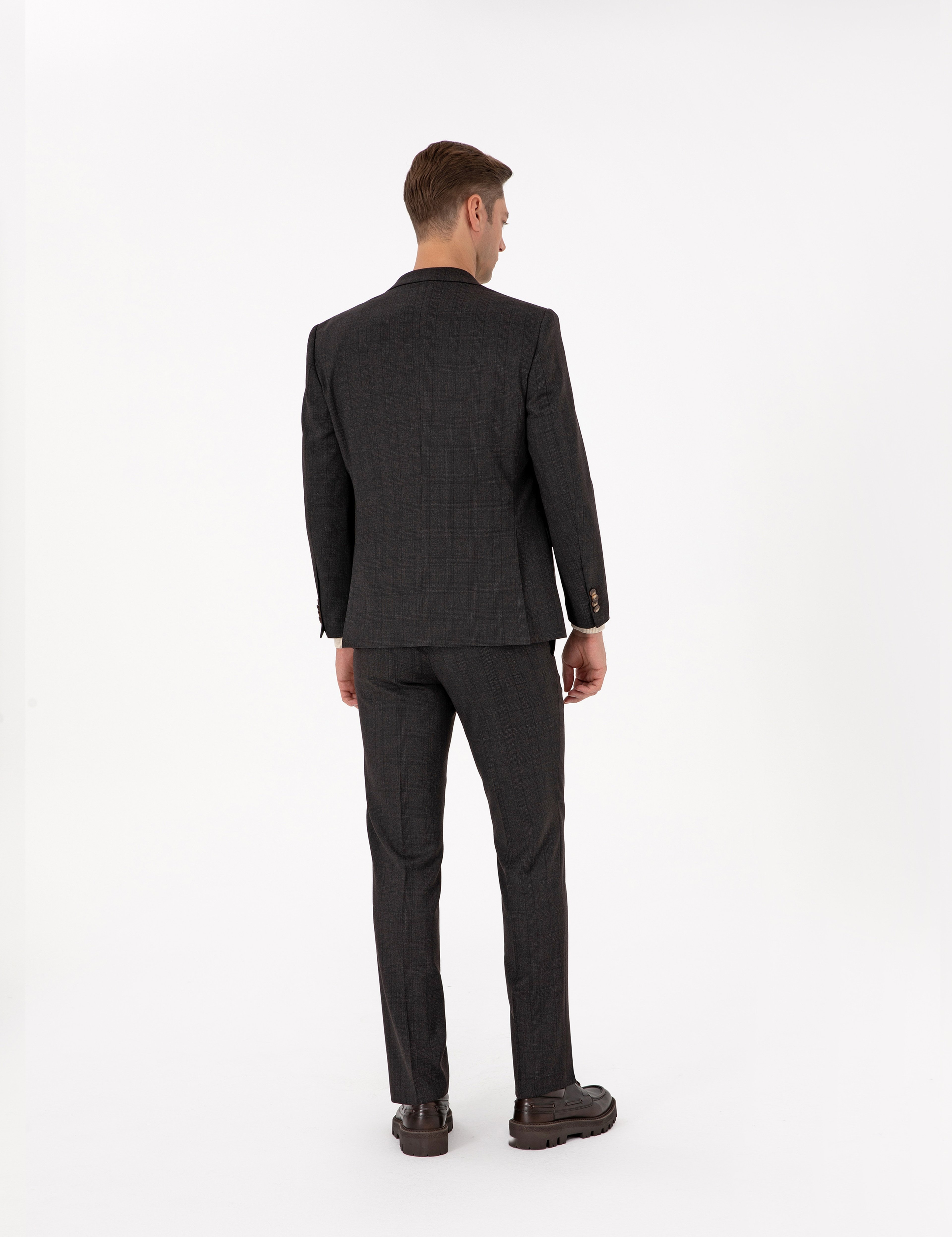 Kahverengi Slim Fit Yün Karışımlı Ekose Takım Elbise - Image 5