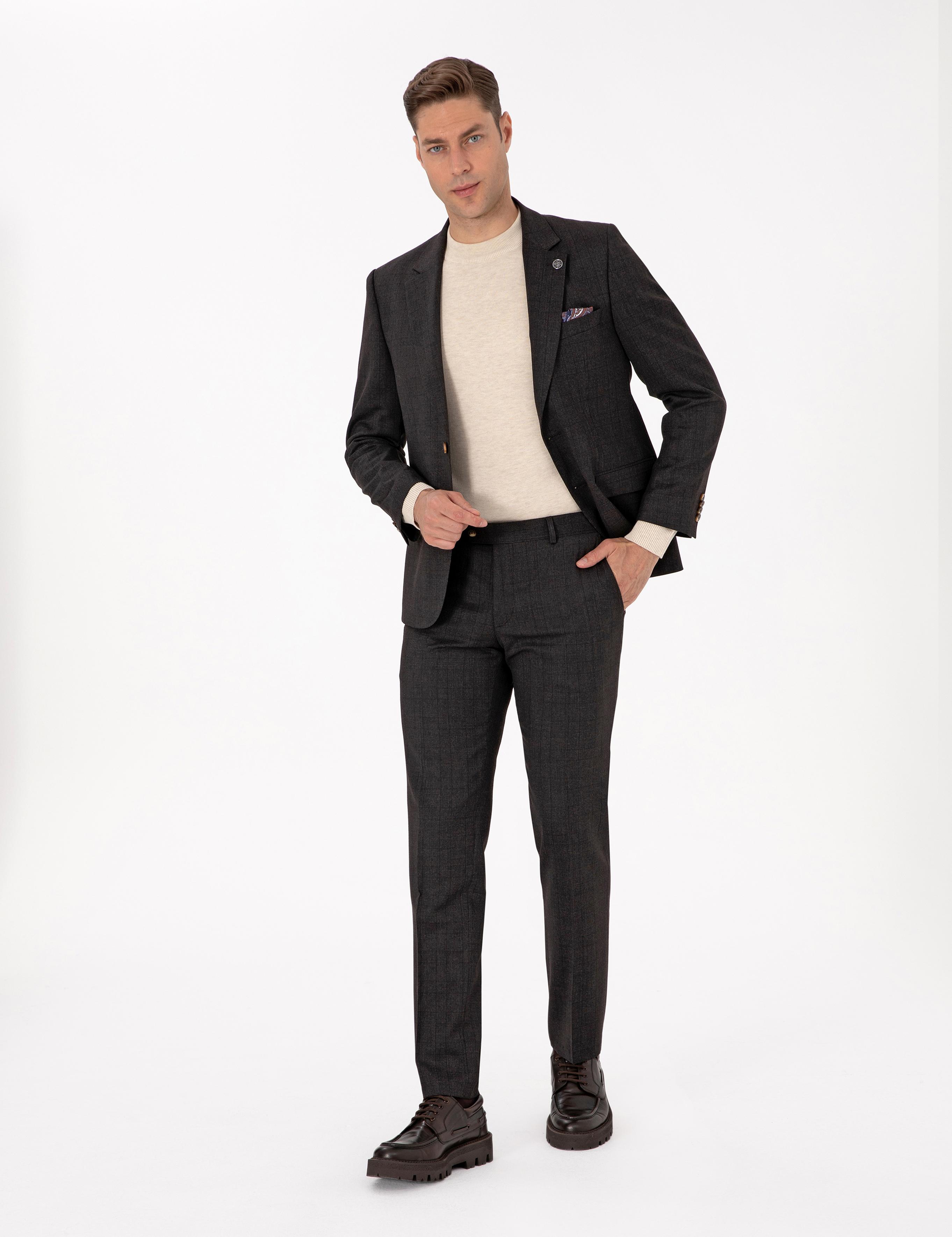 Kahverengi Slim Fit Yün Karışımlı Ekose Takım Elbise