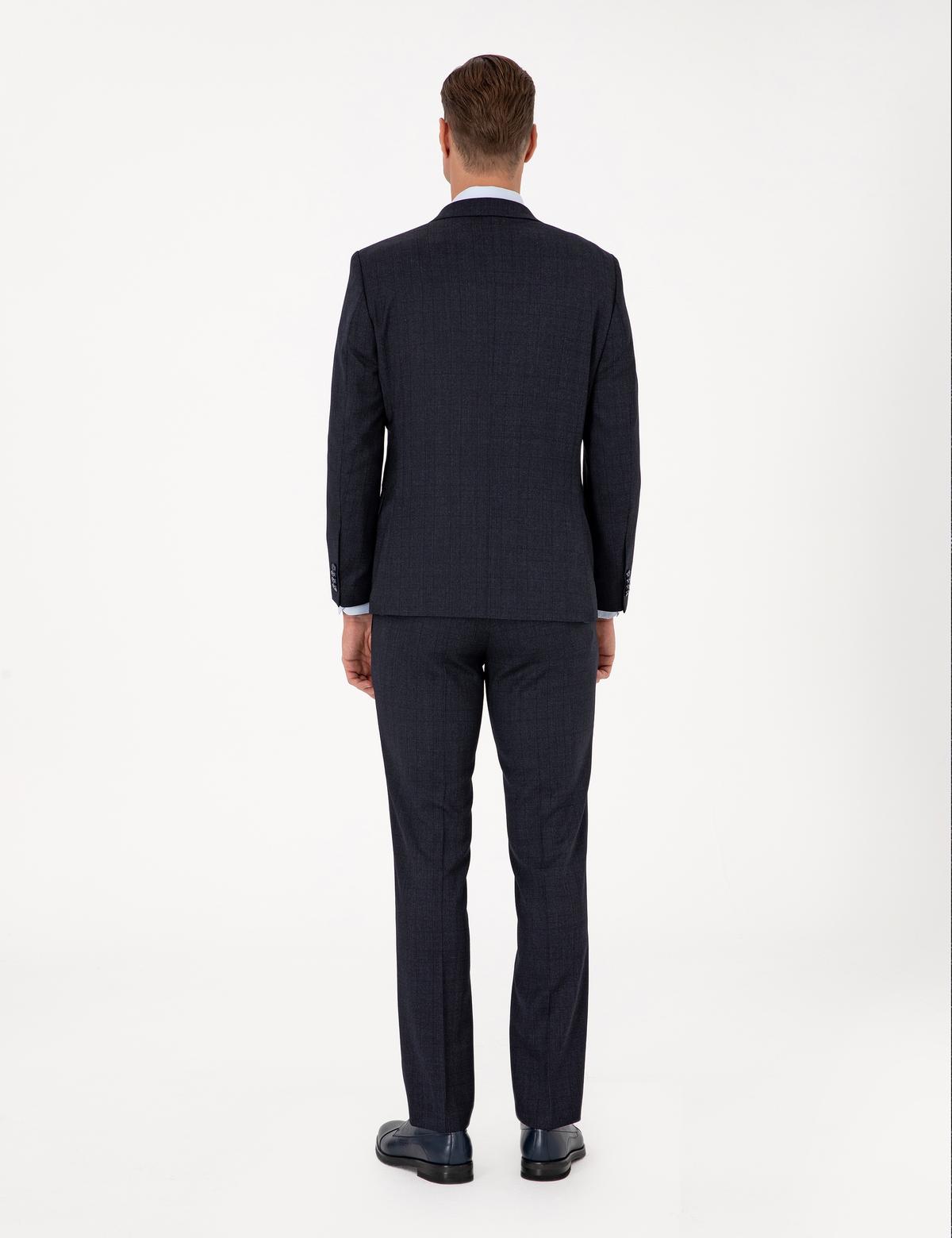 Lacivert Slim Fit Yün Karışımlı Ekose Takım Elbise - 50311523020