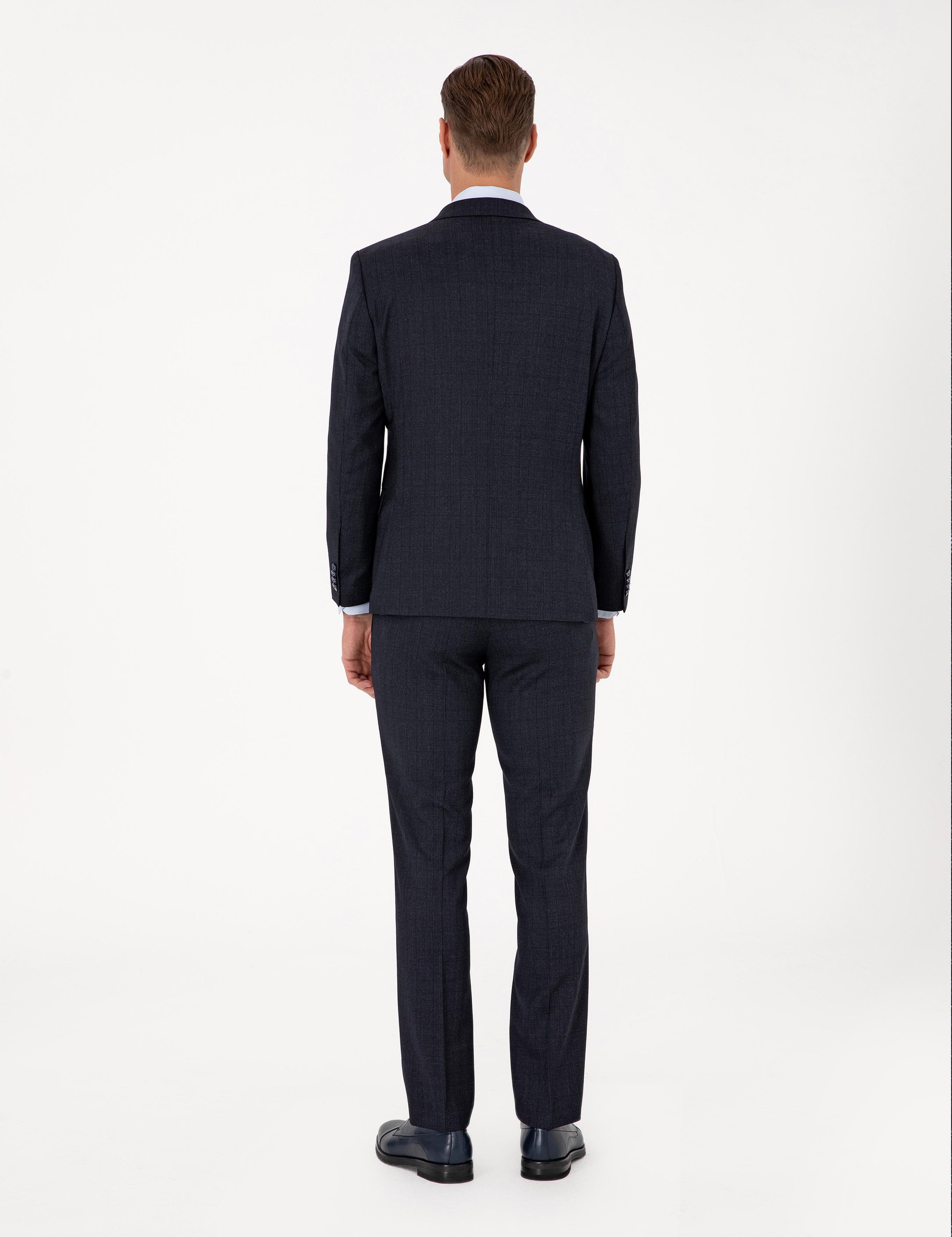 Lacivert Slim Fit Yün Karışımlı Ekose Takım Elbise