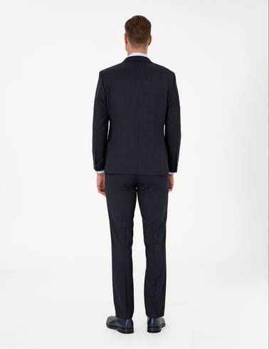 Lacivert Slim Fit Yün Karışımlı Ekose Takım Elbise