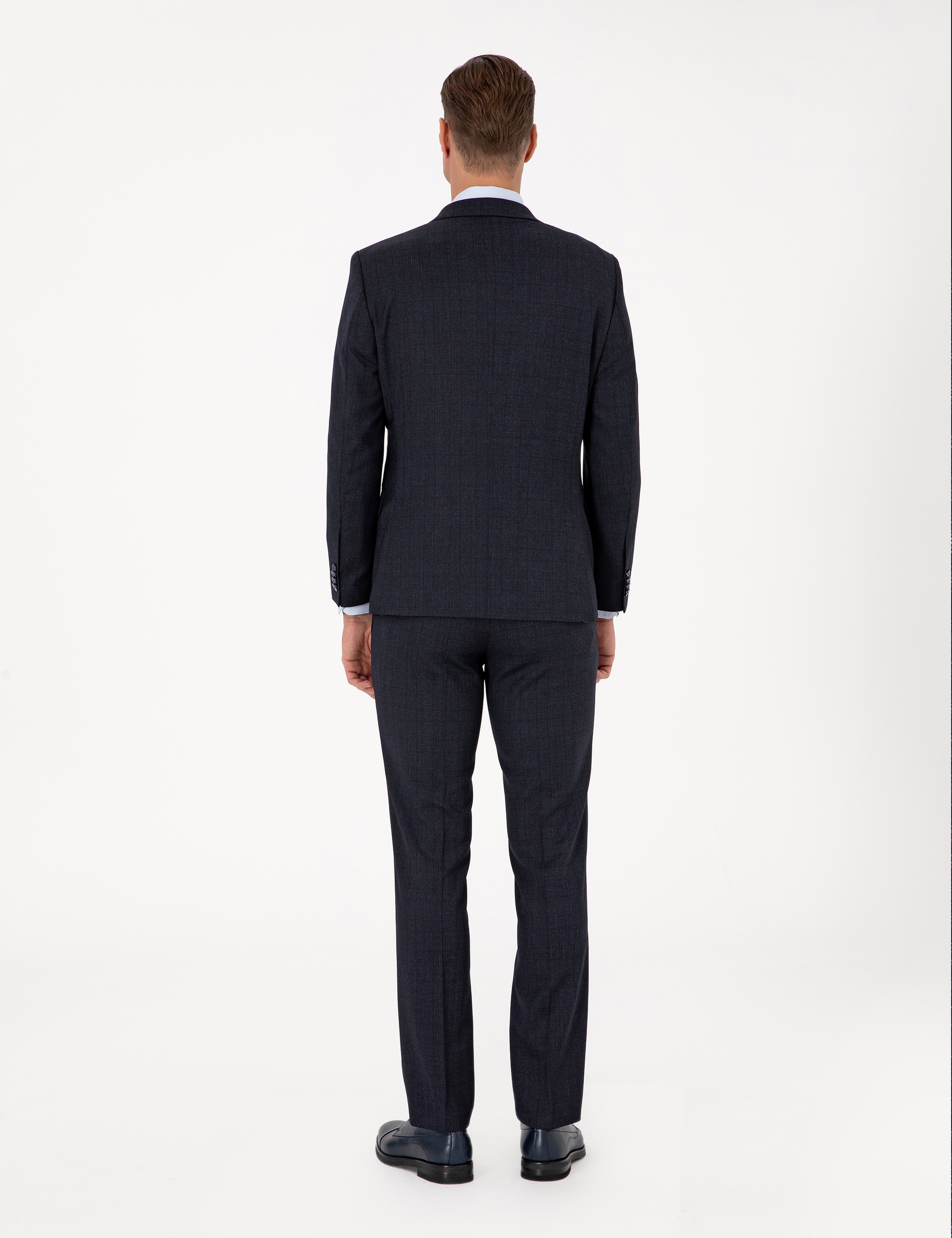 Lacivert Slim Fit Yün Karışımlı Ekose Takım Elbise - Image 5