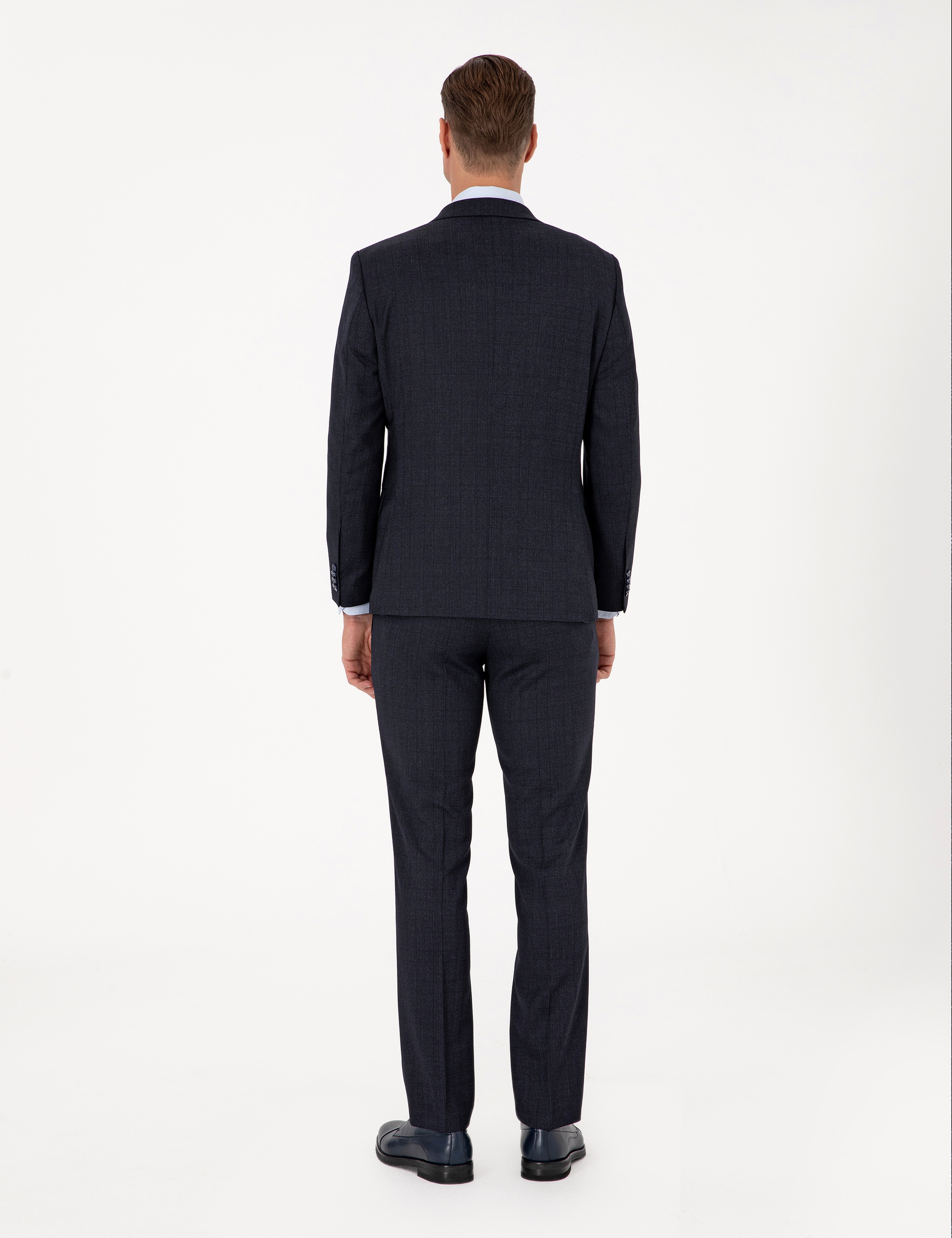Lacivert Slim Fit Yün Karışımlı Ekose Takım Elbise