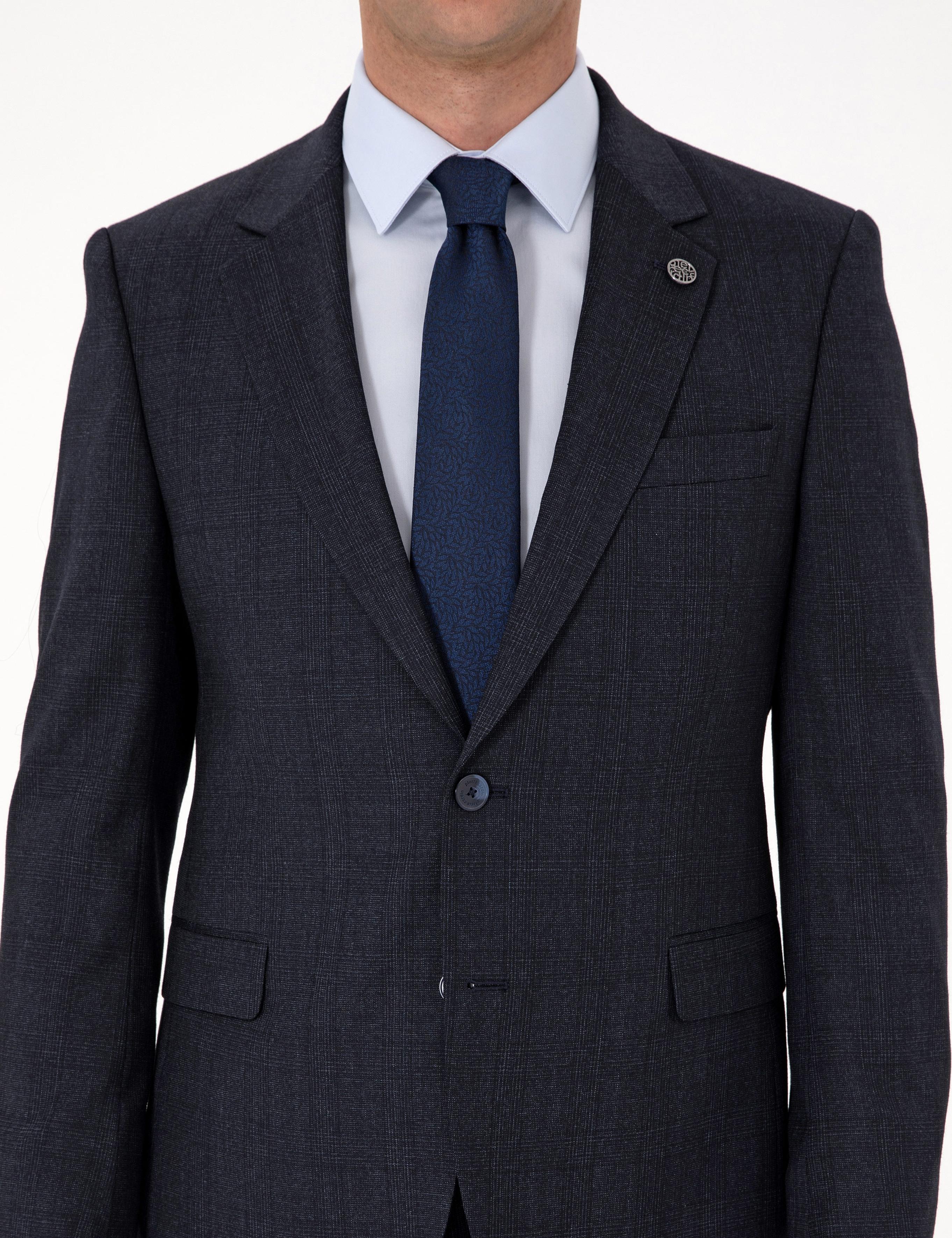 Lacivert Slim Fit Yün Karışımlı Ekose Takım Elbise