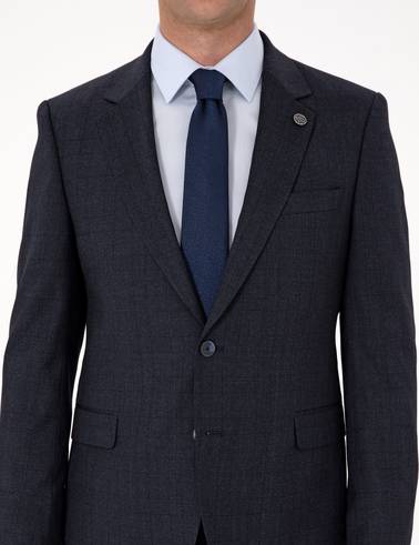 Lacivert Slim Fit Yün Karışımlı Ekose Takım Elbise