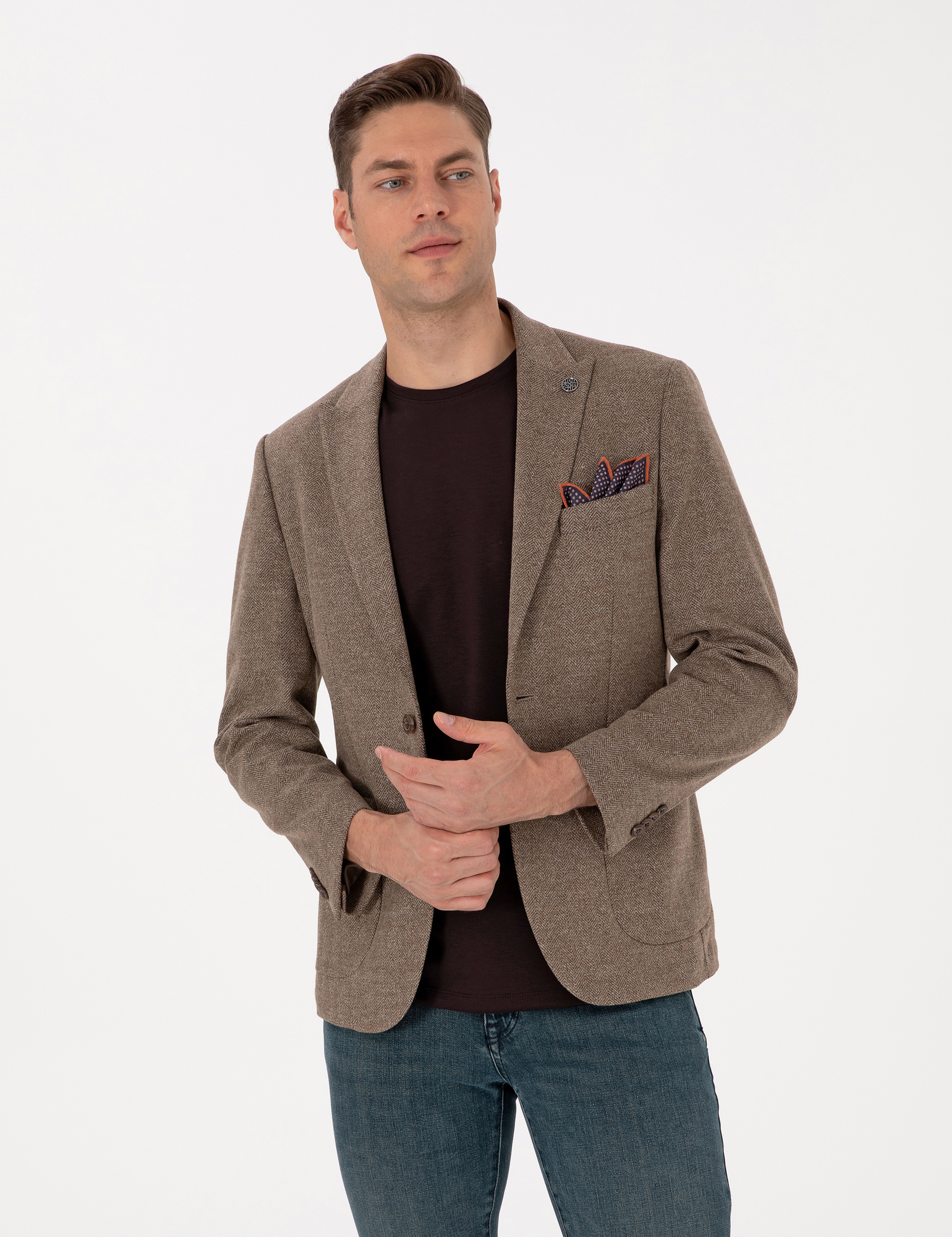 Kahverengi Slim Fit Balıksırtı Ceket