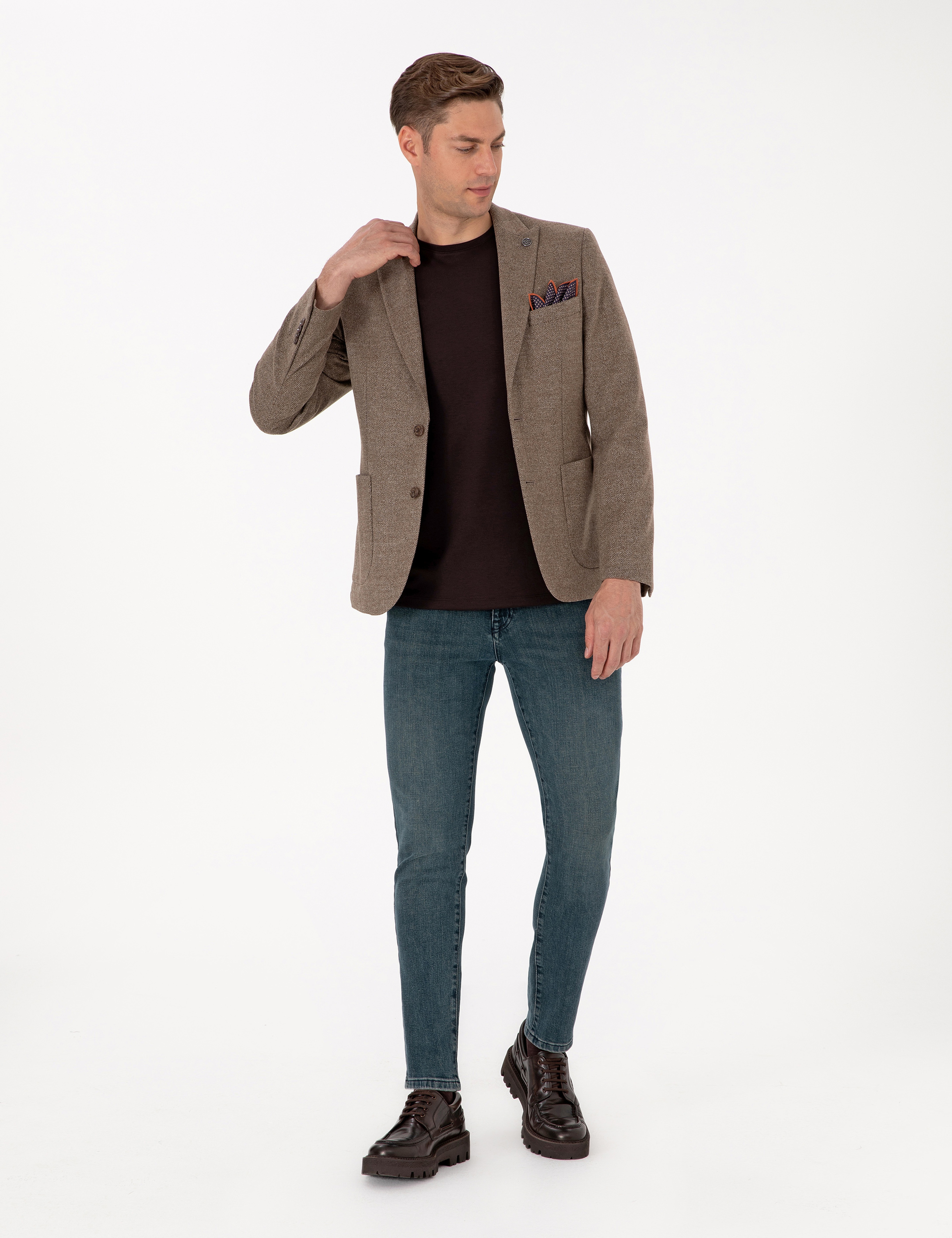 Kahverengi Slim Fit Balıksırtı Ceket
