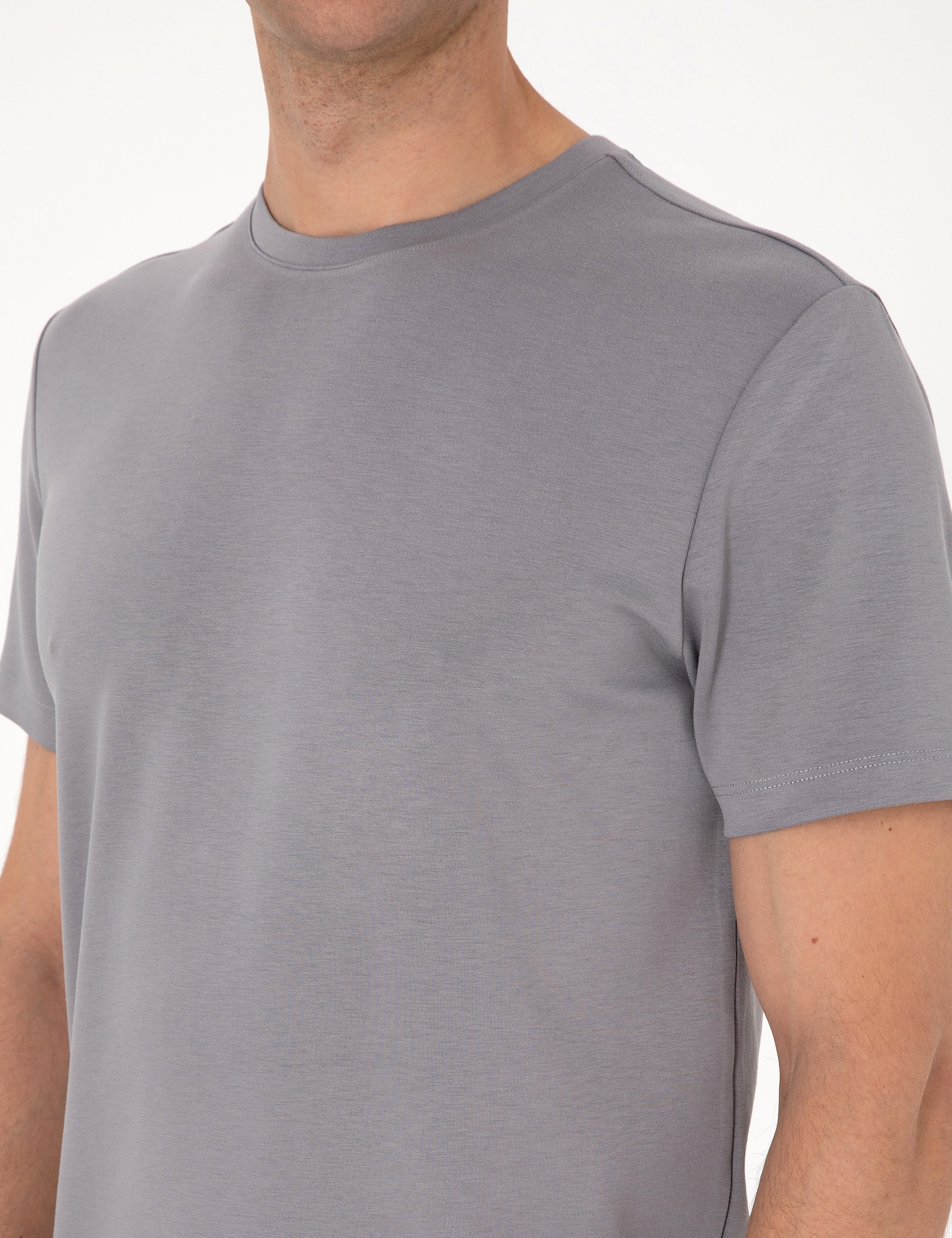 Gri Regular Fit Kalın Dokulu Bisiklet Yaka Basic Tişört - Image 7