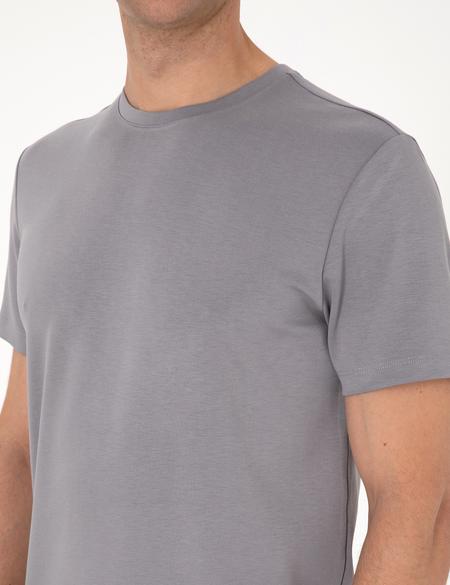Gri Regular Fit Kalın Dokulu Bisiklet Yaka Basic Tişört - 50308037069