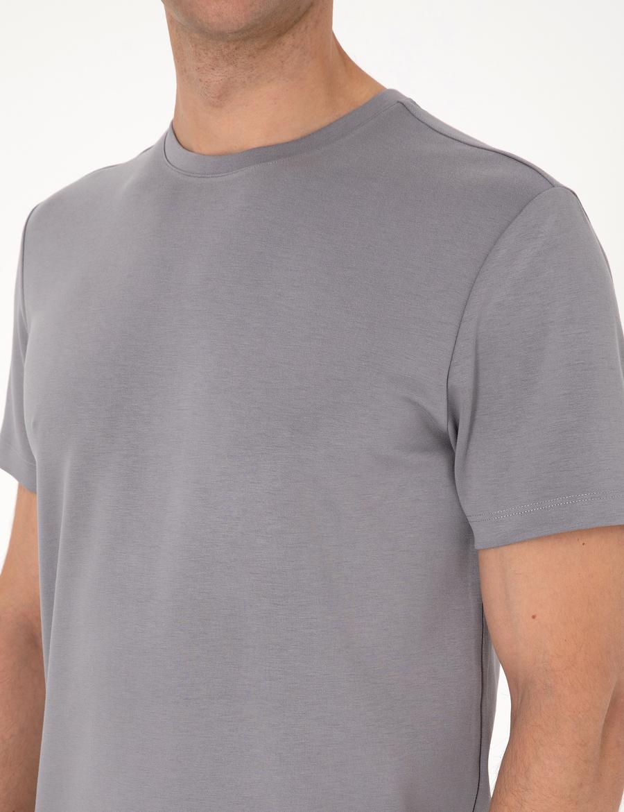Gri Regular Fit Kalın Dokulu Bisiklet Yaka Basic Tişört