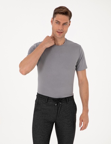Gri Regular Fit Kalın Dokulu Bisiklet Yaka Basic Tişört