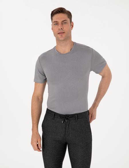 Gri Regular Fit Kalın Dokulu Bisiklet Yaka Basic Tişört - 50308037069
