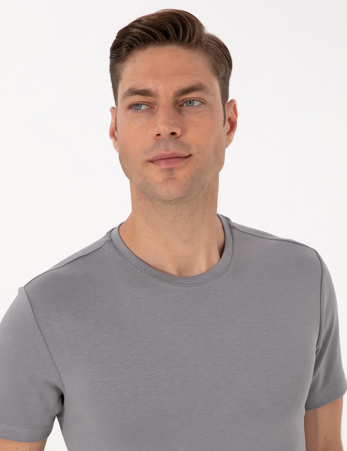 Gri Regular Fit Kalın Dokulu Bisiklet Yaka Basic Tişört - 50308037069