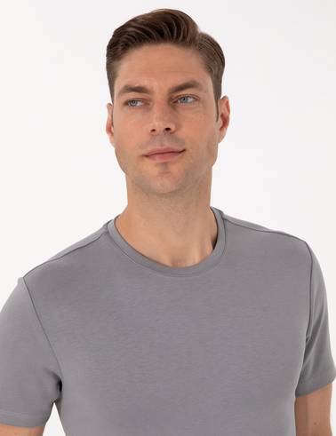 Gri Regular Fit Kalın Dokulu Bisiklet Yaka Basic Tişört