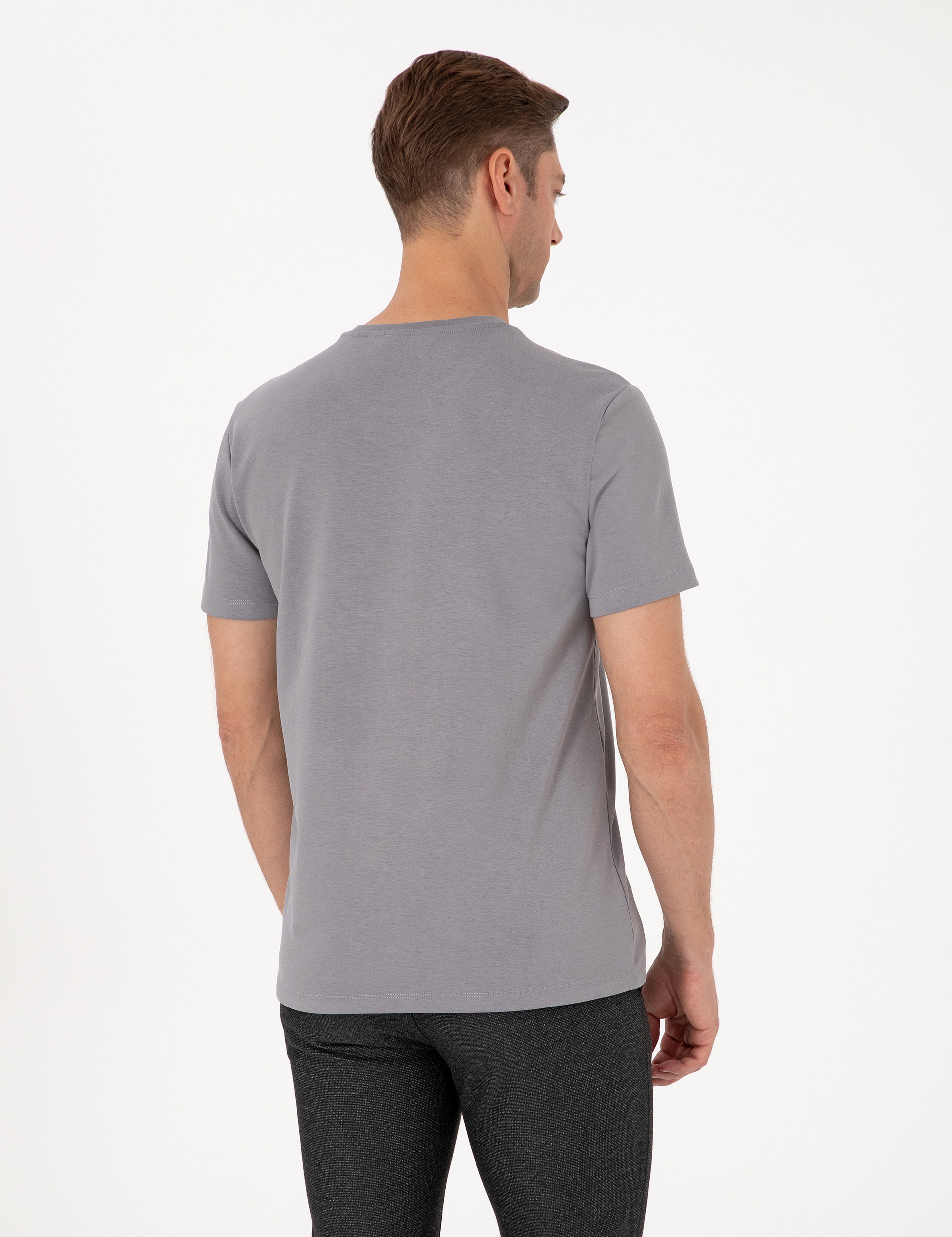Gri Regular Fit Kalın Dokulu Bisiklet Yaka Basic Tişört - Image 5