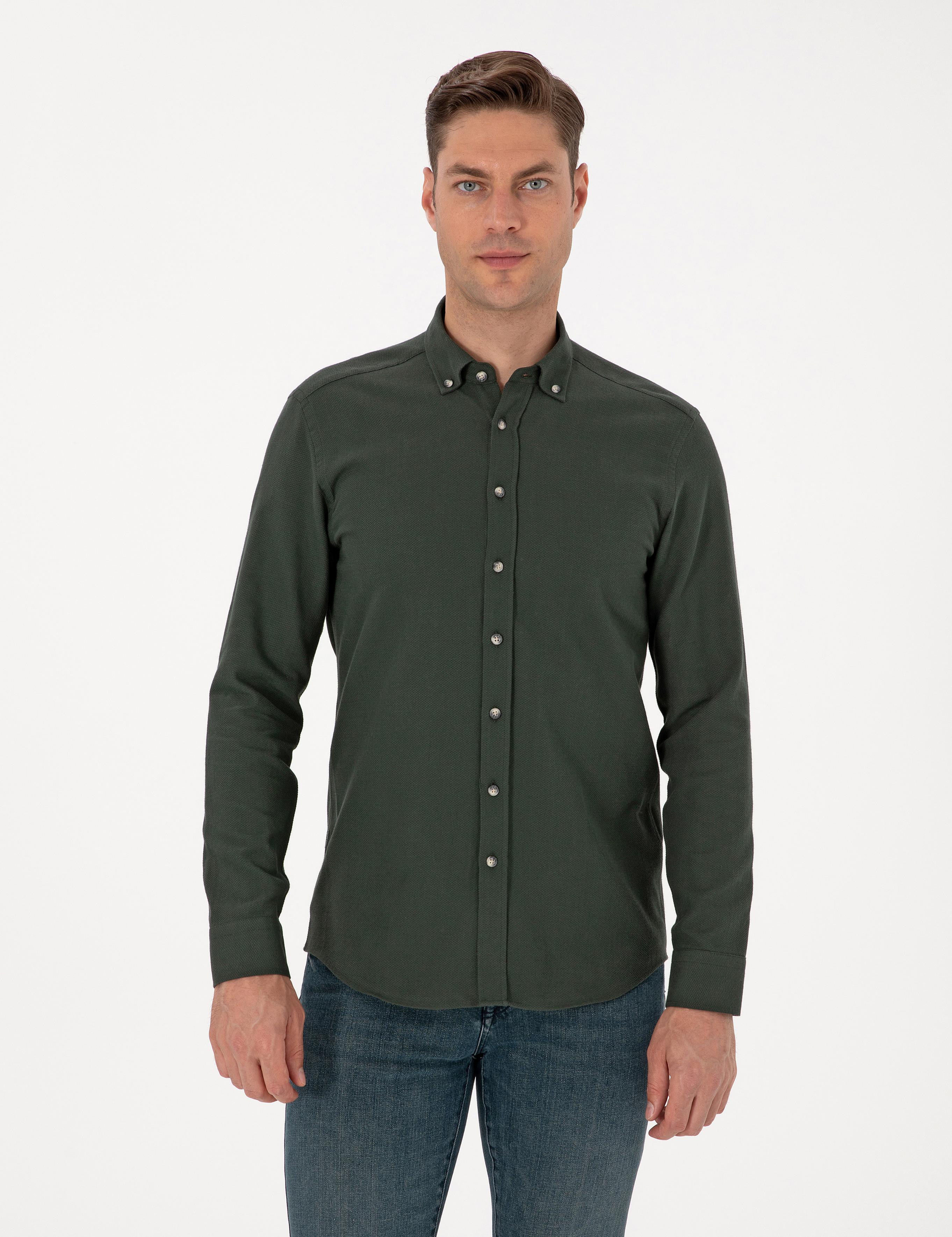 Koyu Haki Slim Fit Uzun Kollu Gömlek