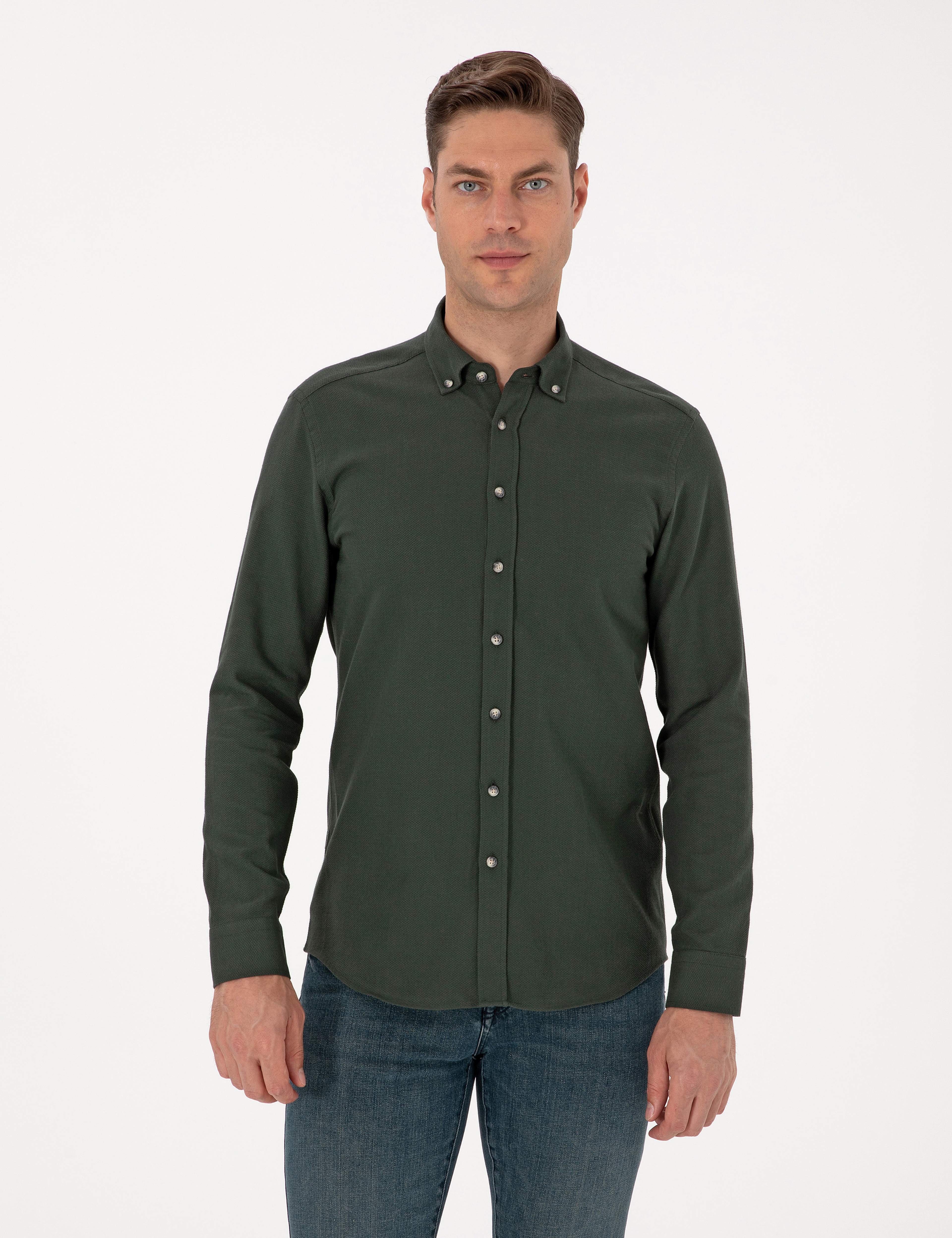 Koyu Haki Slim Fit Uzun Kollu Gömlek - Image 1