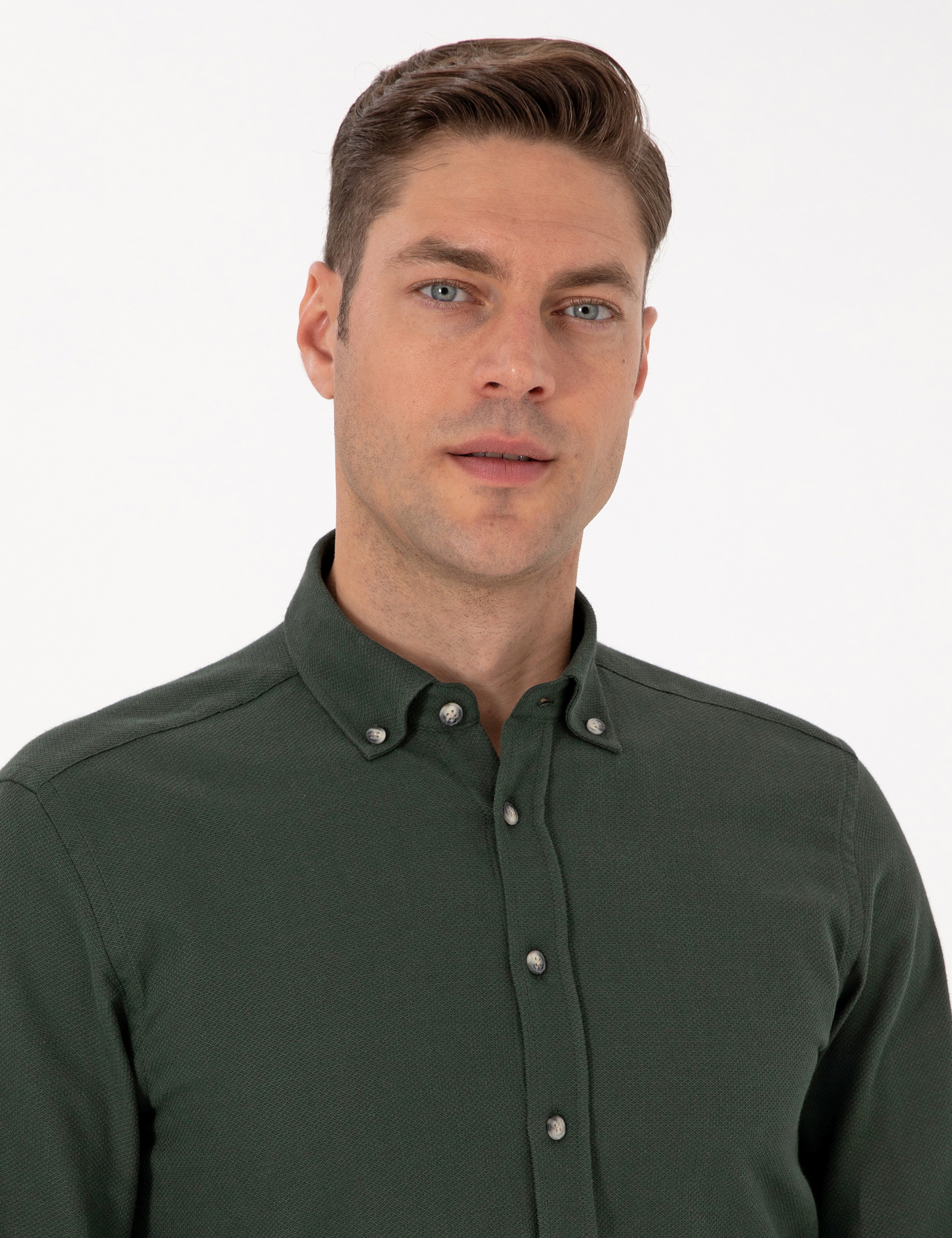 Koyu Haki Slim Fit Uzun Kollu Gömlek - Image 2