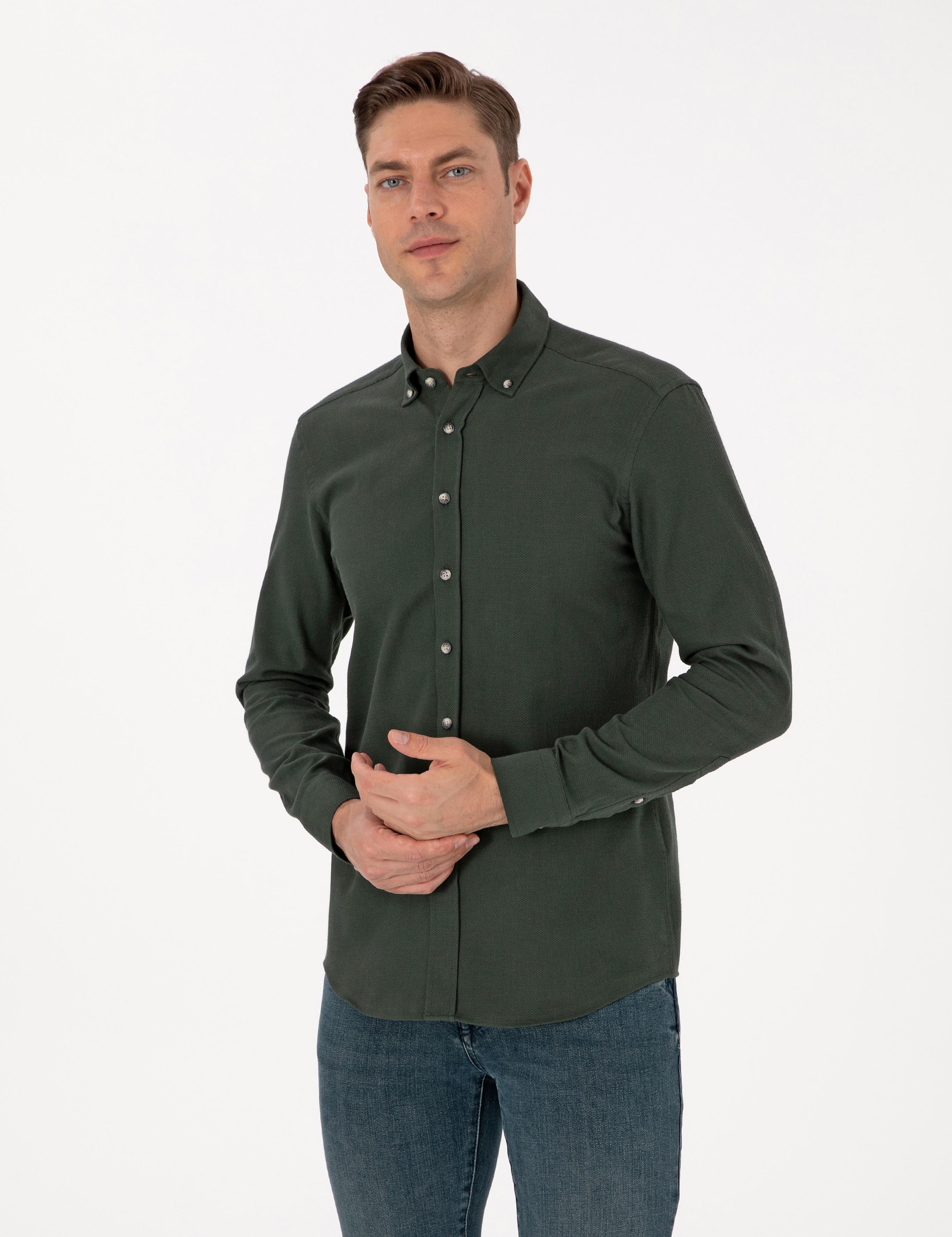 Koyu Haki Slim Fit Uzun Kollu Gömlek