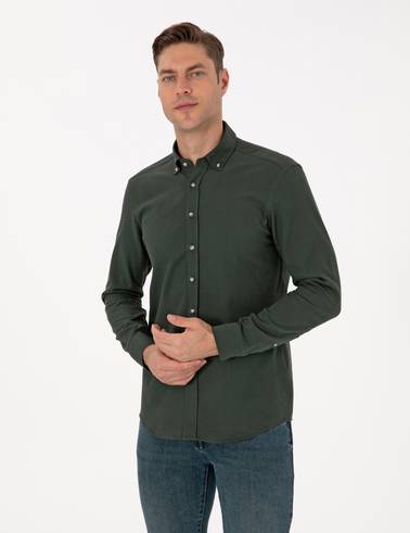 Koyu Haki Slim Fit Uzun Kollu Gömlek