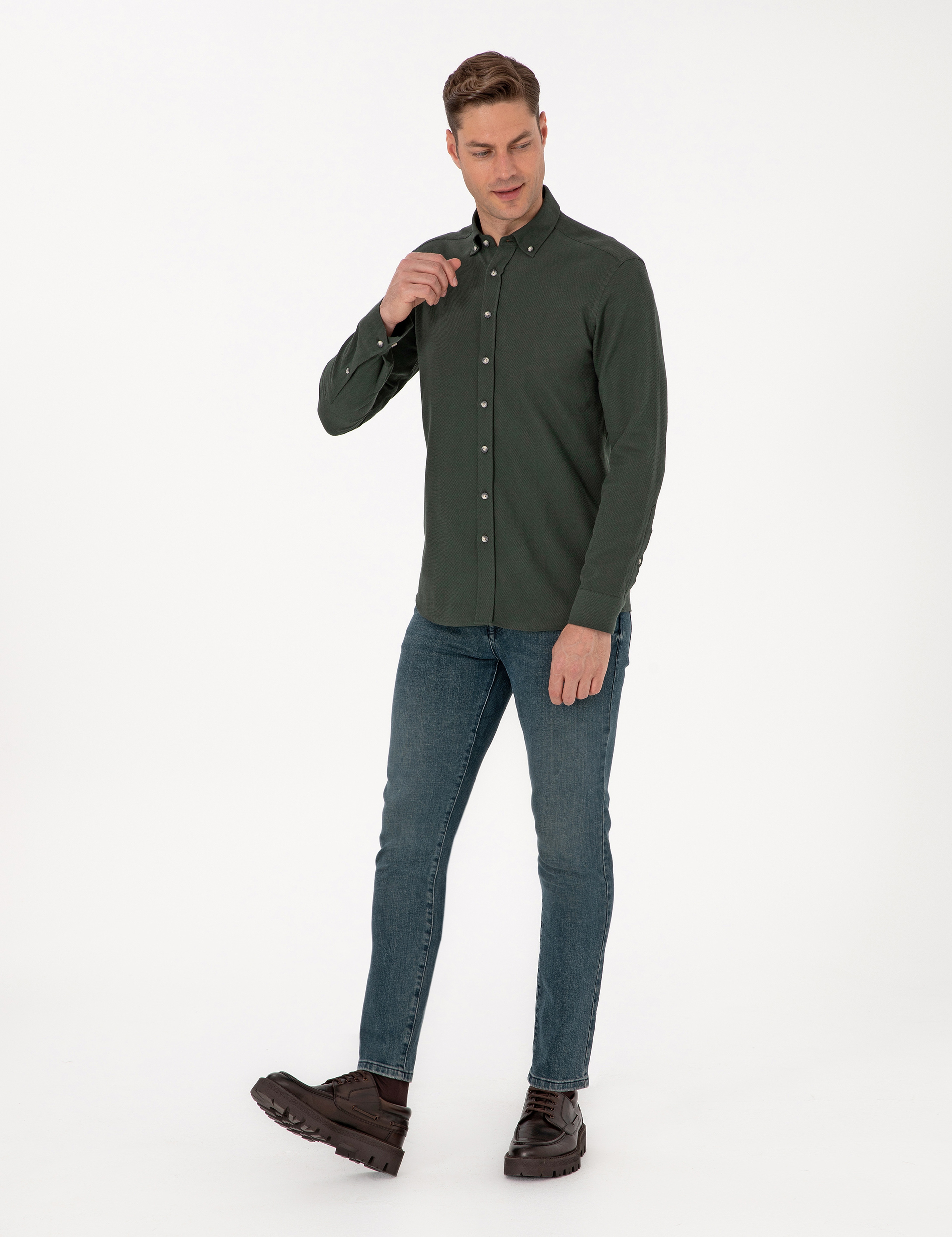Koyu Haki Slim Fit Uzun Kollu Gömlek - Image 4