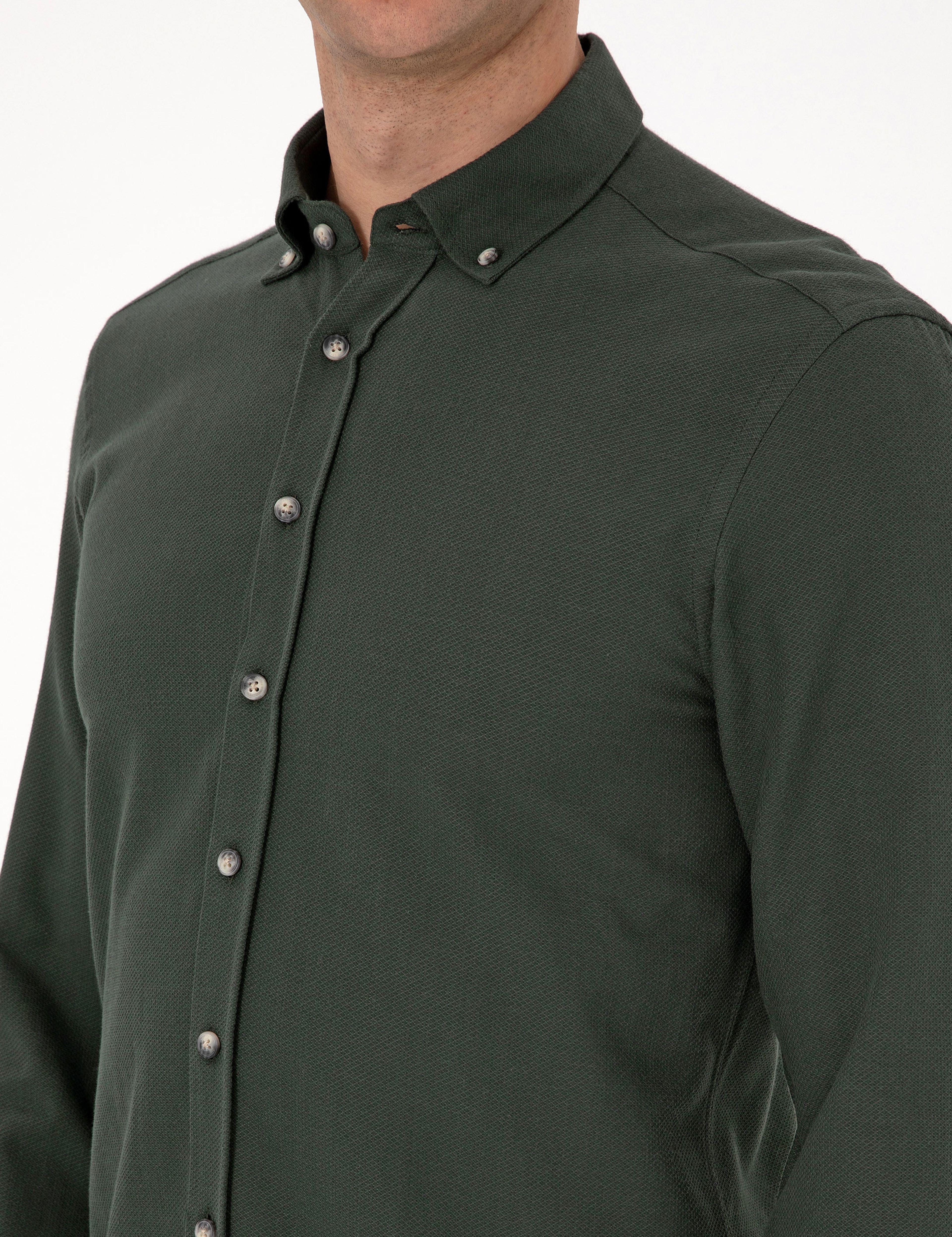 Koyu Haki Slim Fit Uzun Kollu Gömlek - Image 7
