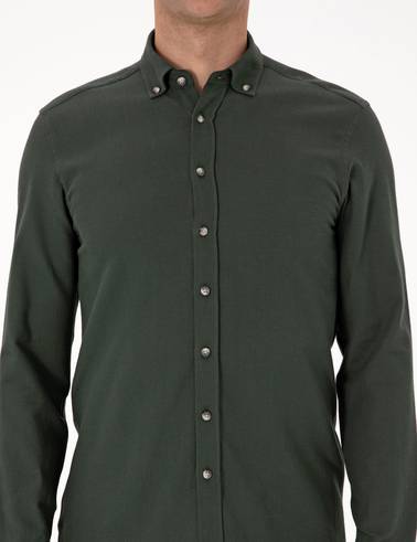 Koyu Haki Slim Fit Uzun Kollu Gömlek