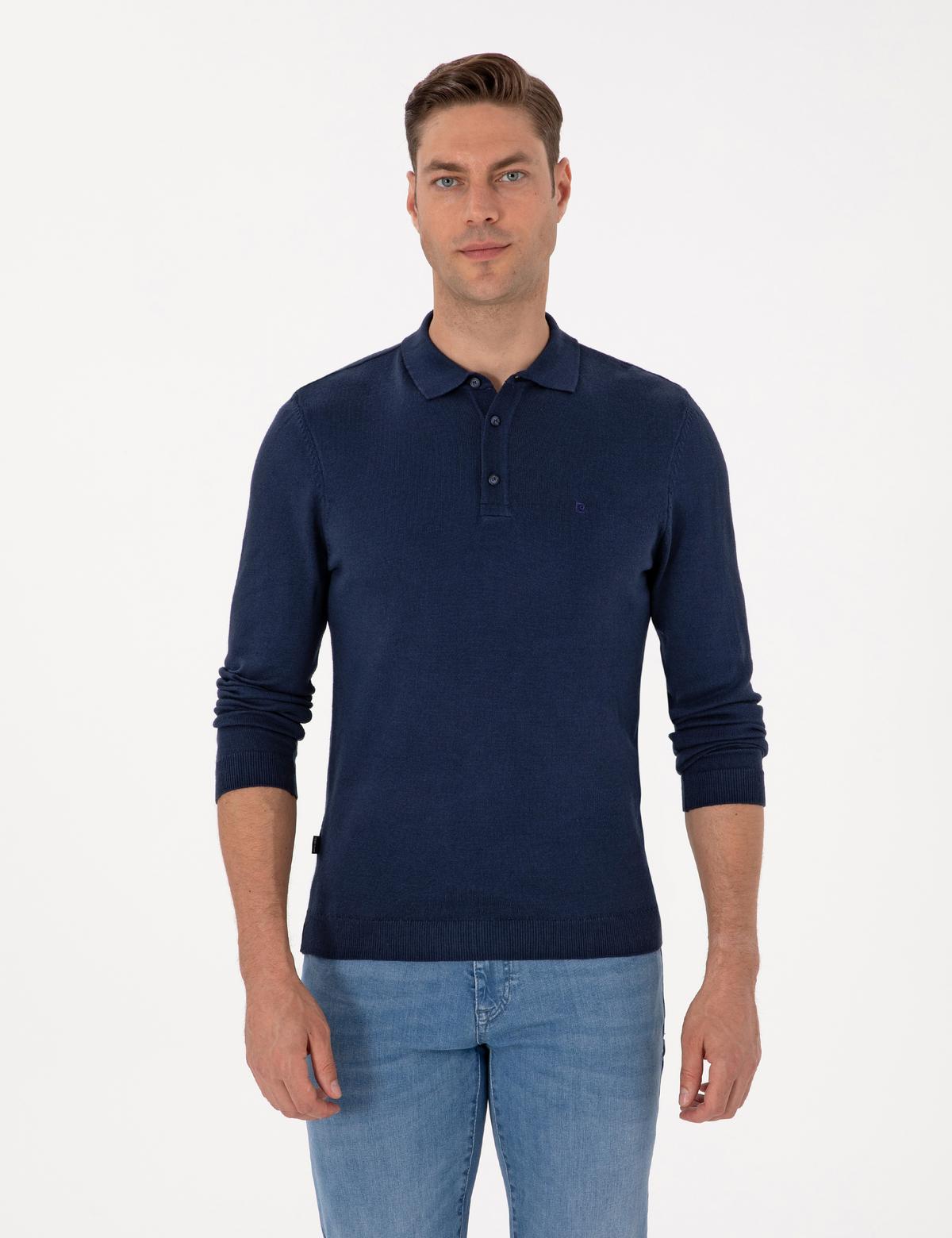 Açık Lacivert Slim Fit Polo Yaka Basic Triko Kazak