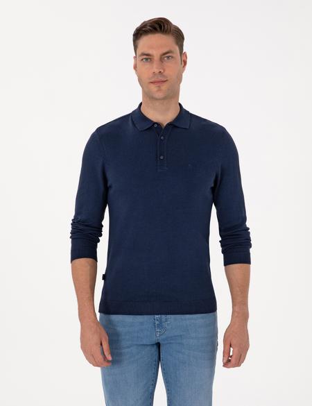 Açık Lacivert Slim Fit Polo Yaka Basic Triko Kazak - 50314189054