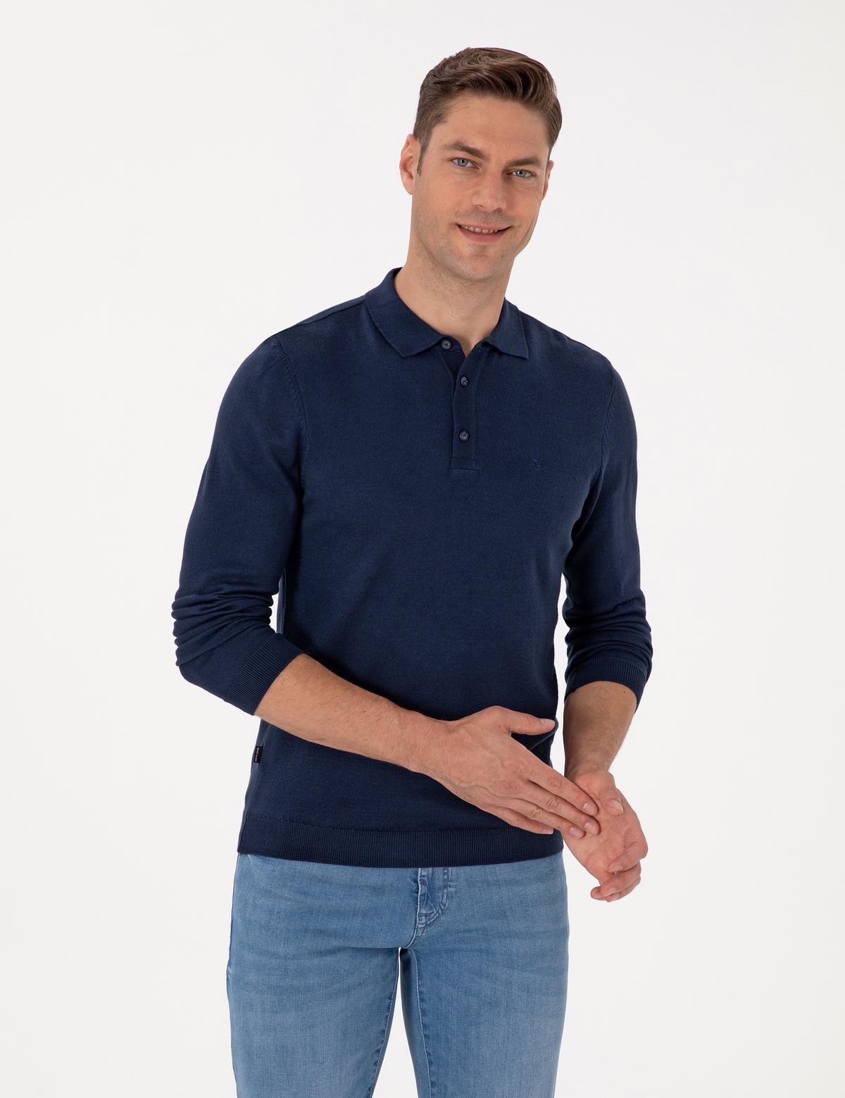 Açık Lacivert Slim Fit Polo Yaka Basic Triko Kazak - 50314189054